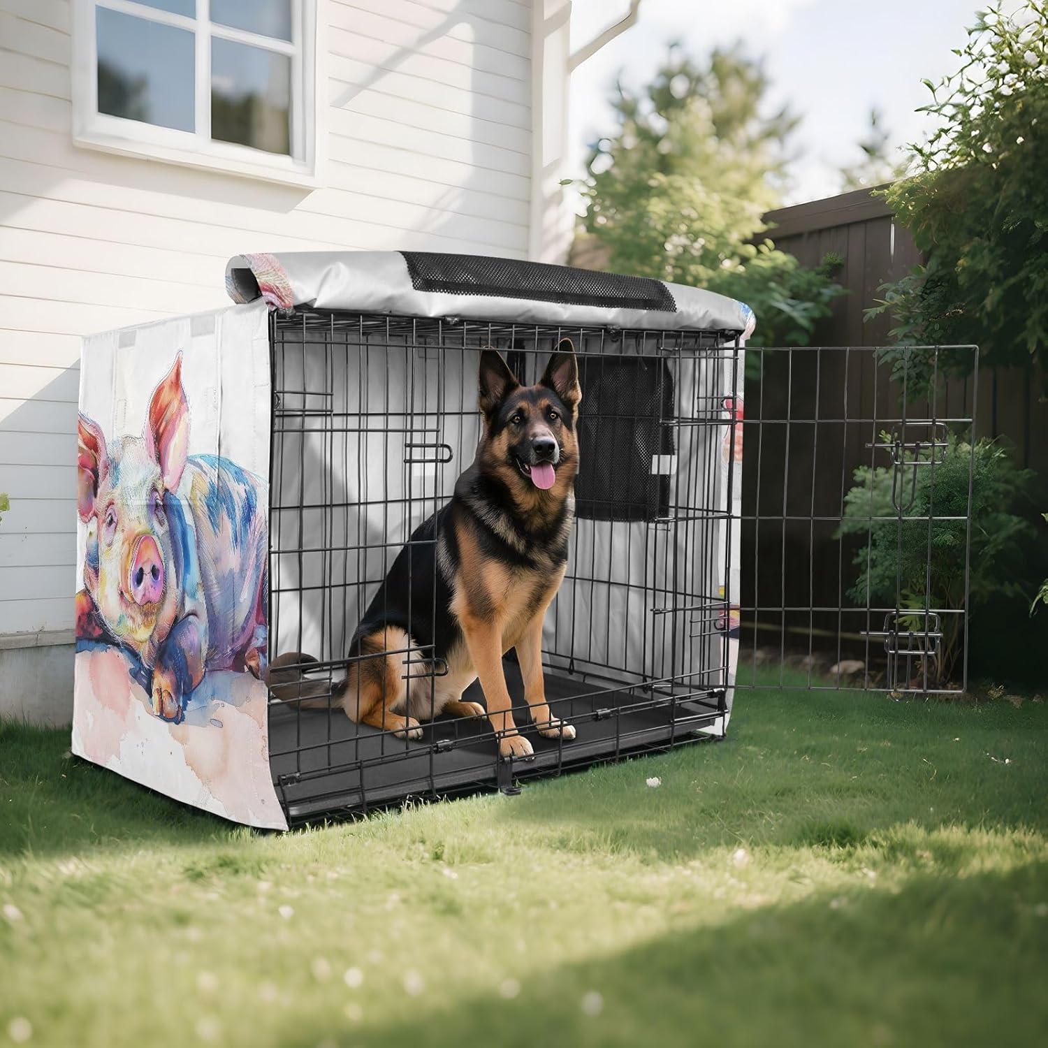 Cute Watercolor Pig Funny Pet Crate Cover with Roll-up Sides, Washable Universal Fit Dog Crate Cover, Large