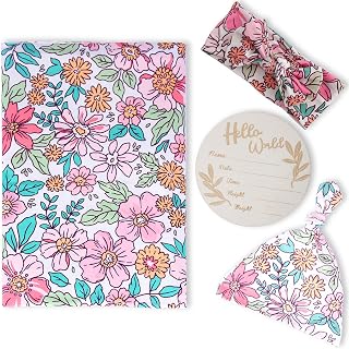Stretchy Swaddle Blanket for Newborns Baby Girl Swaddle with Headband and Matching Hat Set Receiving Blanket 35 x 35 inches, Floral Print Swaddle Set(Pink)