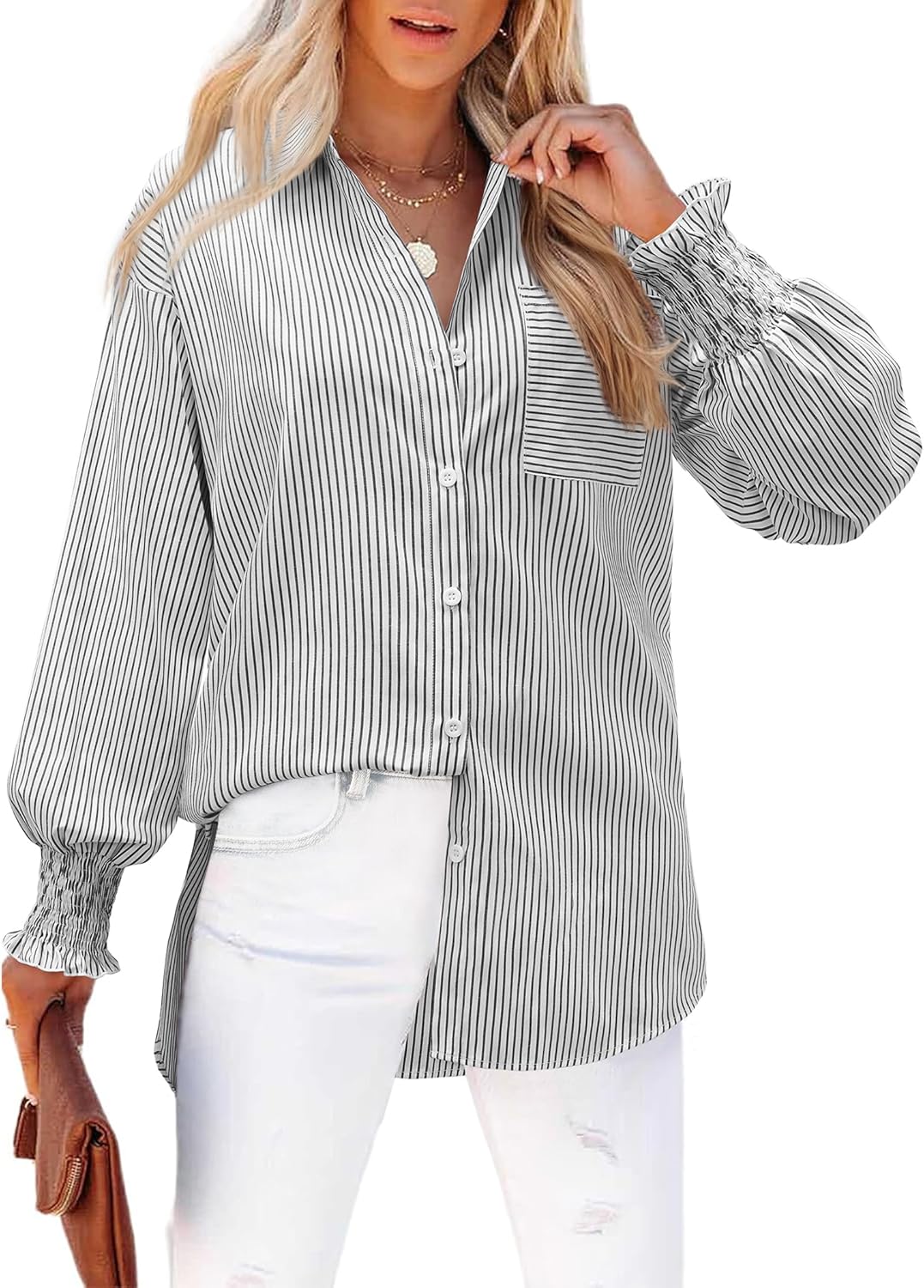 siliteelon Striped Button Down Shirts for Women Long Sleeve Blouses Boyfriend Plus Collared Smocked Business Casual Tops - Image 8