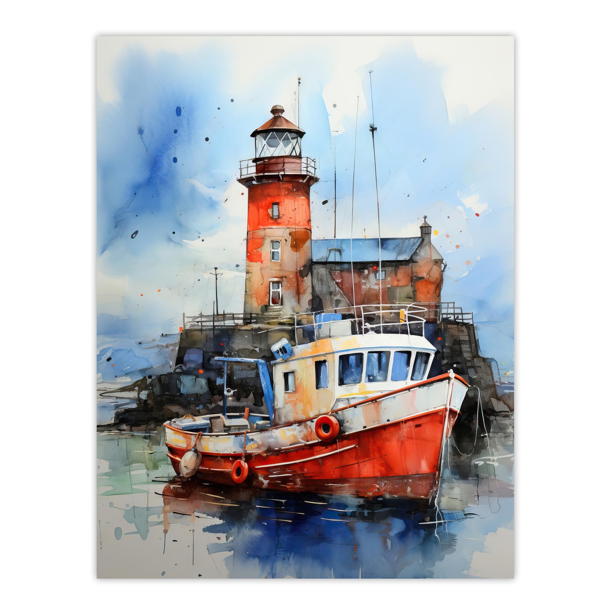 Artery8 Scottish Harbour Fishing Boats Lighthouse Modern Watercolour Artwork Blue And Red Large Wall Art Poster Print Thick Paper 18X24 Inch