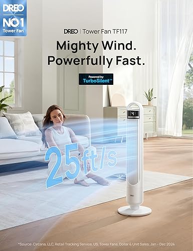 Miniatura 2 de Dreo Ventilador de torre para dormitorio, 4 velocidades, 3 modos de ventiladores de pie para habitación con oscilación de 90 de ancho, silencioso de