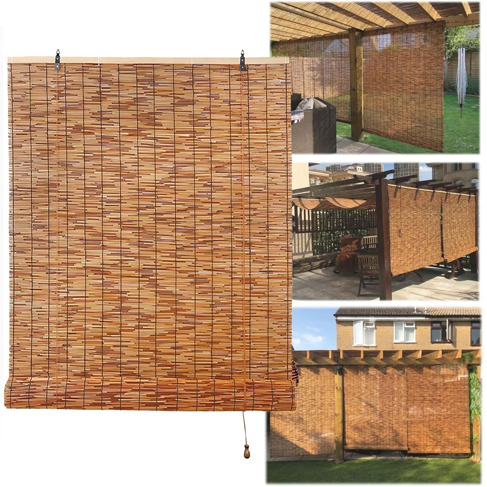 Waterproof Outdoor Reed Roller Blinds Width 12“–80” Retro Bamboo Shades Cordless Easy to install/Clean for Porch, Patio, Yard, Windows for Home Privacy Curtain(200cmx140cm)