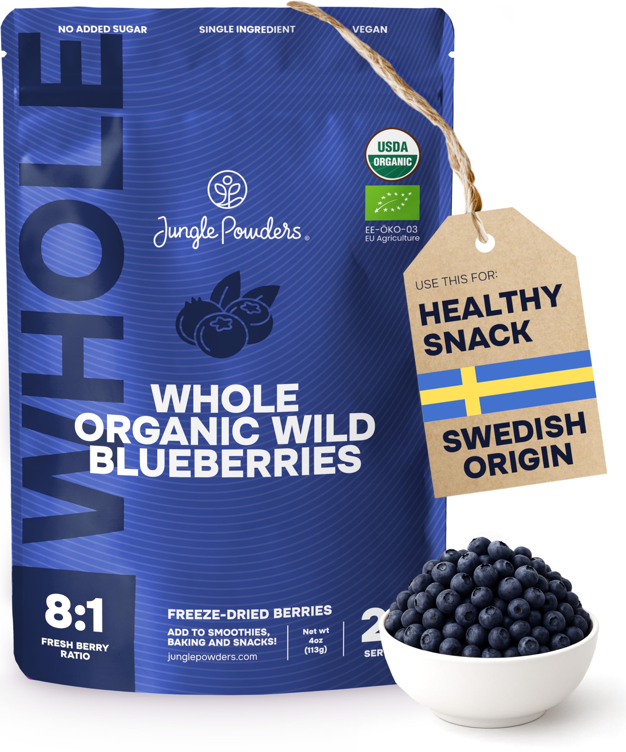 Organic Blueberries Fresh Freeze Dried Fruit 4 Ounce Bag - Made From Frozen Wild Dried Blueberries No Sugar Added Dehydrated Handpicked Blue Berries - Organic Blueberry Powder for Baking Dry BilberryUSDA OrganicEU Organic