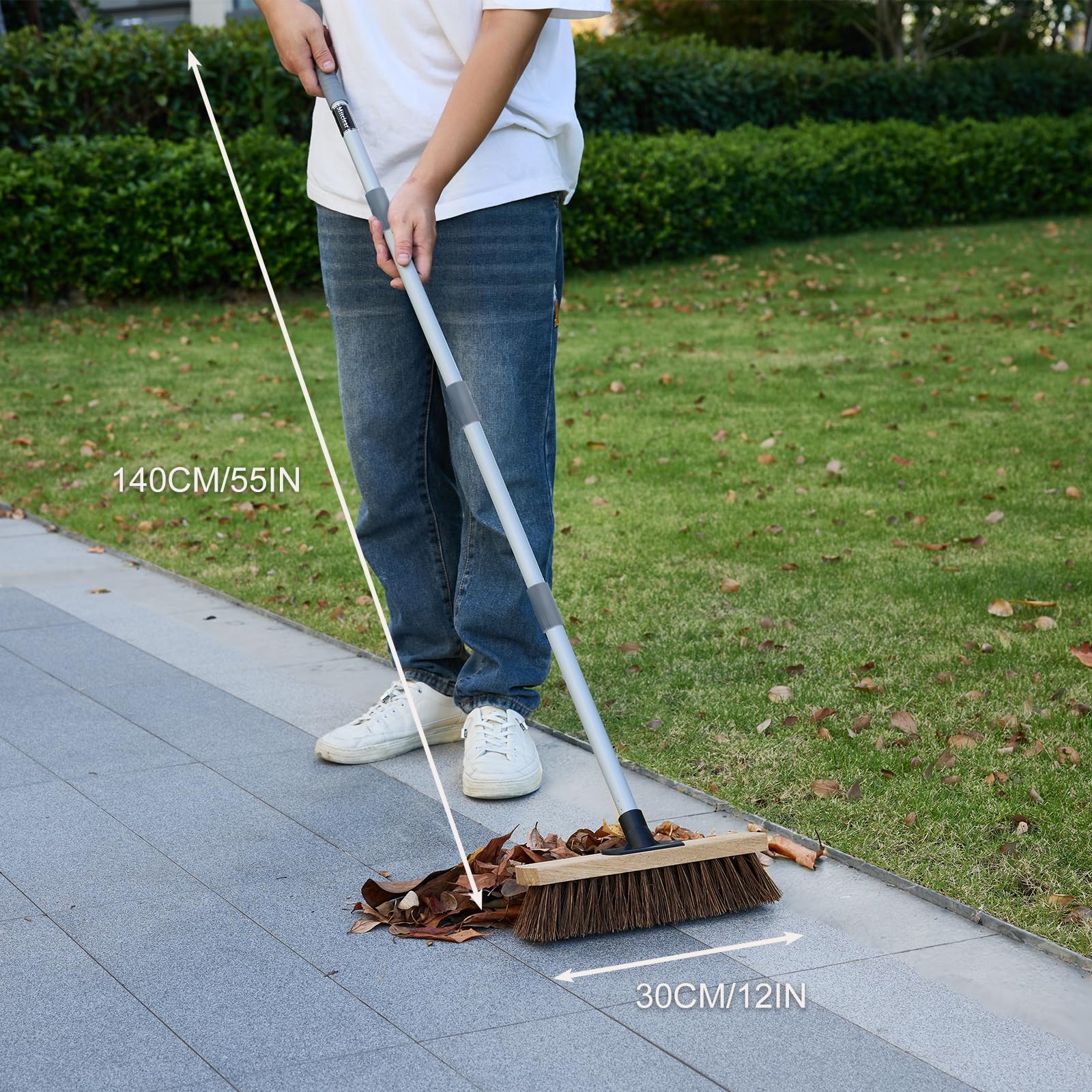 Mitclear 30cm Scopa da Giardino per Esterni con Manico Lungo(140cm), Scopa Robusta da Esterno mit Setole Naturali, Spazzole per Foglie e Ciottoli, Spazzola per Giardini, Pavimenti e Vialetti