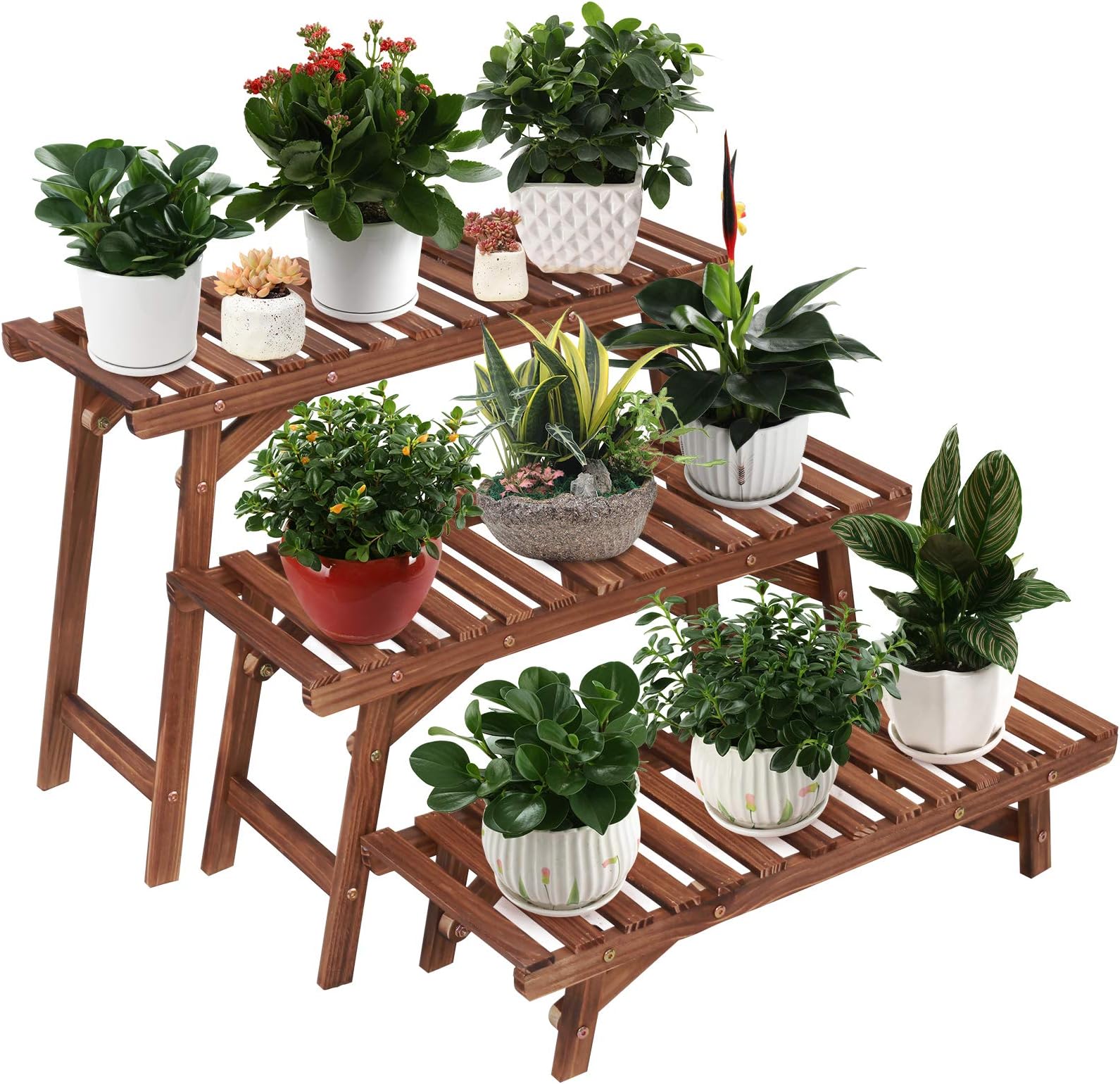 Ufine Freestanding 3 Tier Ladder Shelf Wood Plant Stand Indoor Outdoor Plant Display Rack Flower Pot Holder Planter Organizer