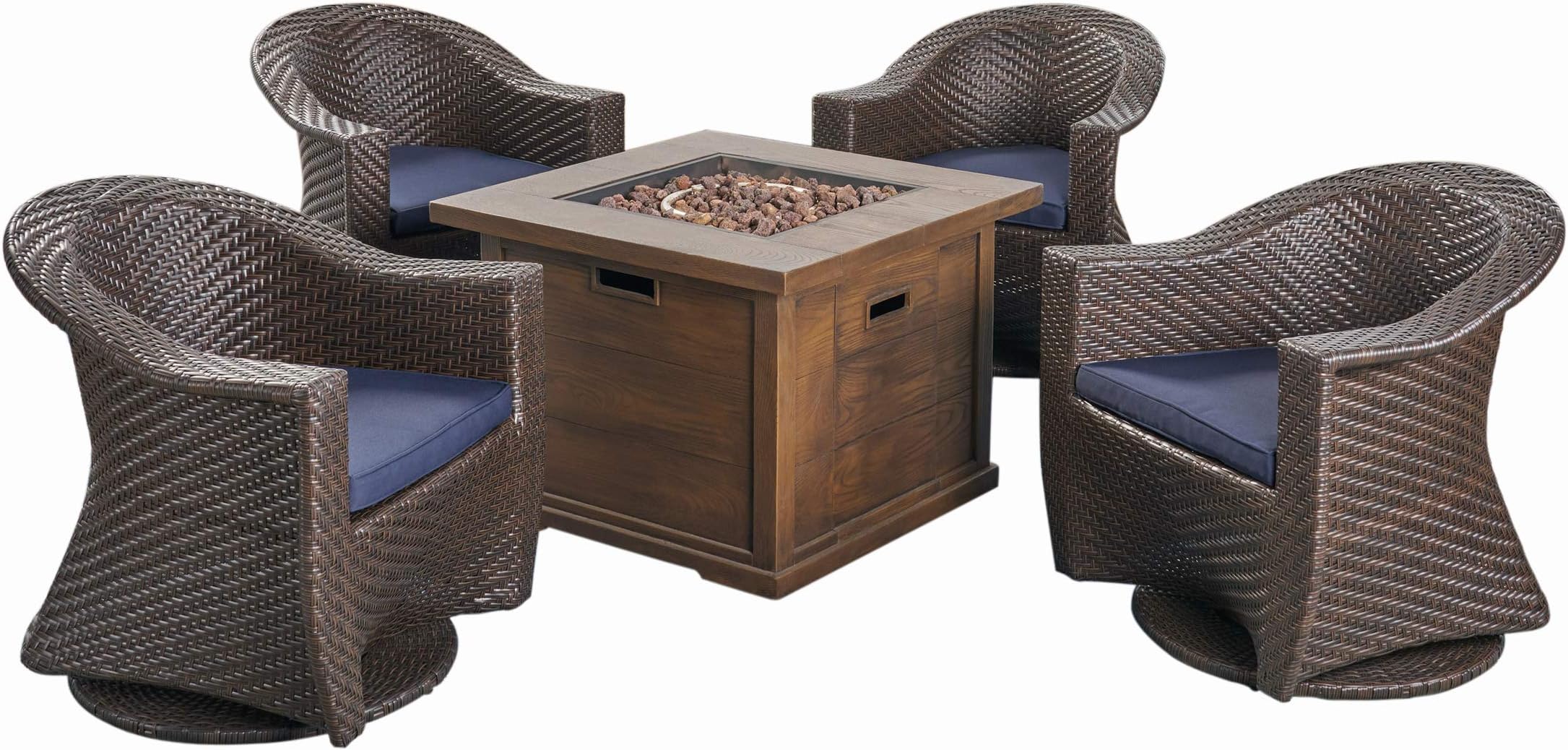 GDFStudio Patio Fire Pit Set, 4-Seater with Wicker Swivel Chairs, Multi-Brown, Navy Blue, Brown with Wood Design
