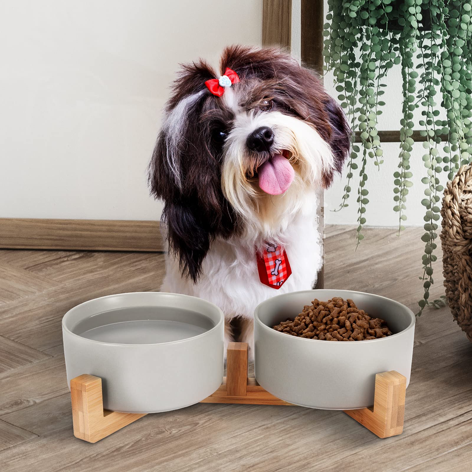 Dog Bowl, Raised Dog Food and Water Bowl, Ceramic Dog Bowl Set with Non-Slip Wood Stand for Medium Sized Dog and Cat, 28.74oz/850ml Grey