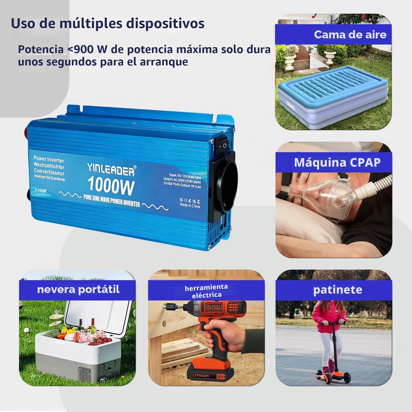 Yinleader Inversor de Onda Sinusoidal Pura 1000W Convierte Transformador 12V a 230V, con 2 Puertos USB - Ideal para Coche, Caravana, Barco y Camping