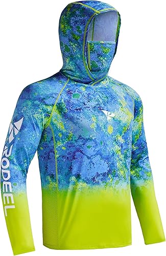 Rodeel UPF 50+ - Camisa de manga larga para hombre, para senderismo, pesca, senderismo, con máscara, cuello UV, polaina con capucha