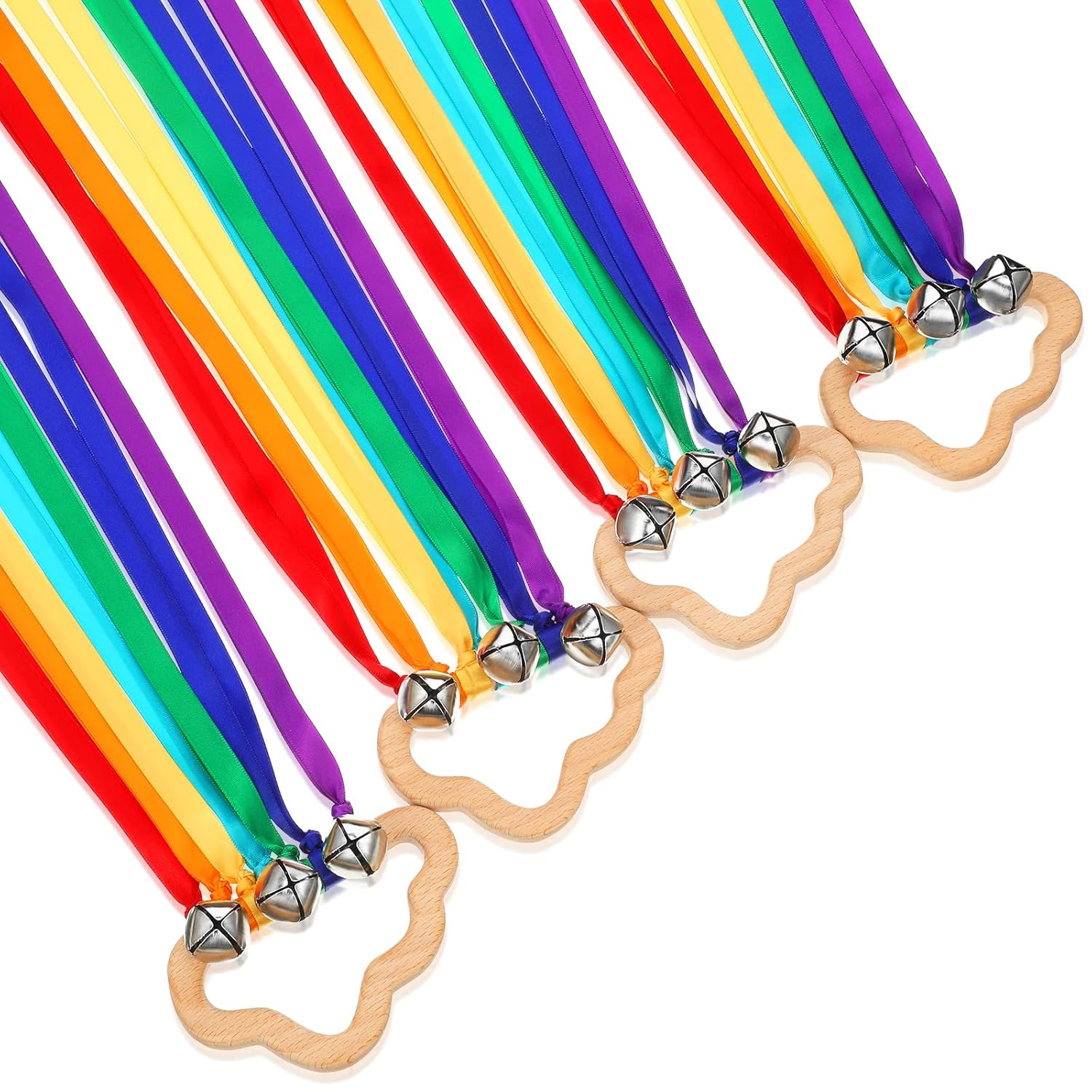 Aoriher 4 Pieces Rainbow Hand Ribbon Kite with Bells Wind Wand Dancing Ribbon Streamer Cloud Wood Sensory Toys Wooden Educational Toy for Party Birthday(Bright Colors)