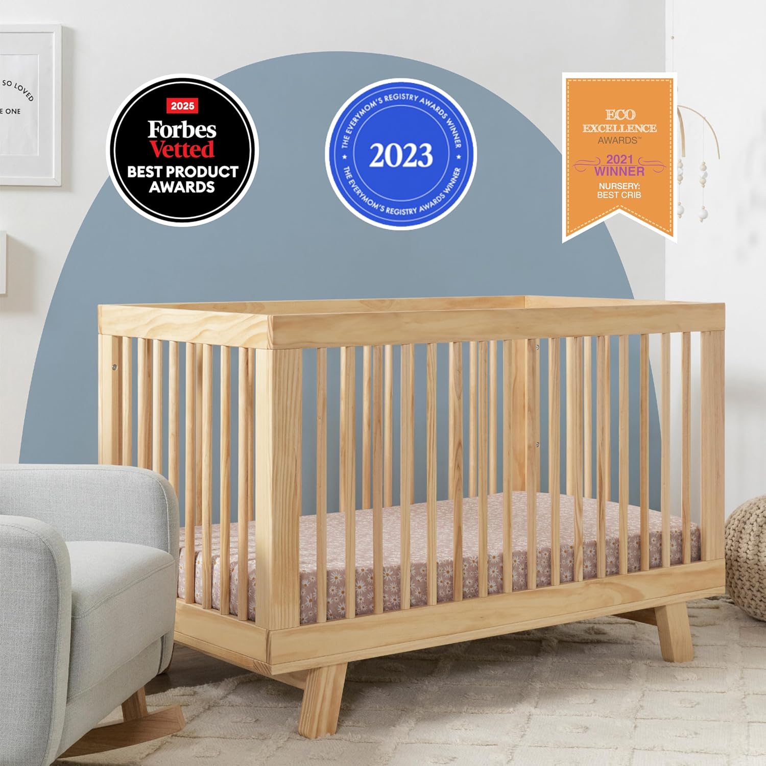 Babyletto Hudson 3-in-1 Convertible Crib with Toddler Bed Conversion Kit in Natural, Greenguard Gold Certified