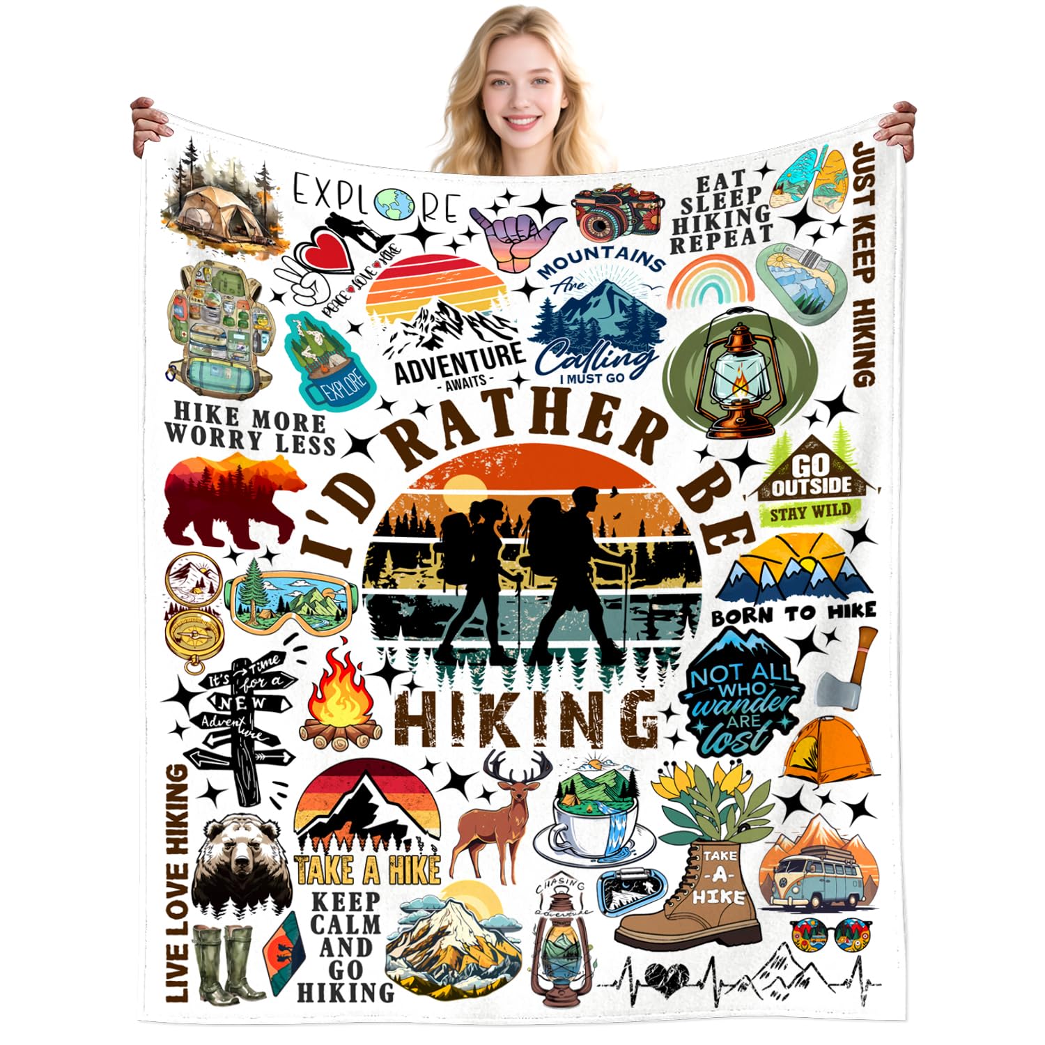Dikogogo Women's Hiking Gifts For Men Hikers Throw Blanket With Accessories Theme Stuff Plush Blankets For Men Adults Hikers Christmas Birthday Gifts Party Decorations 60"X50"Inch