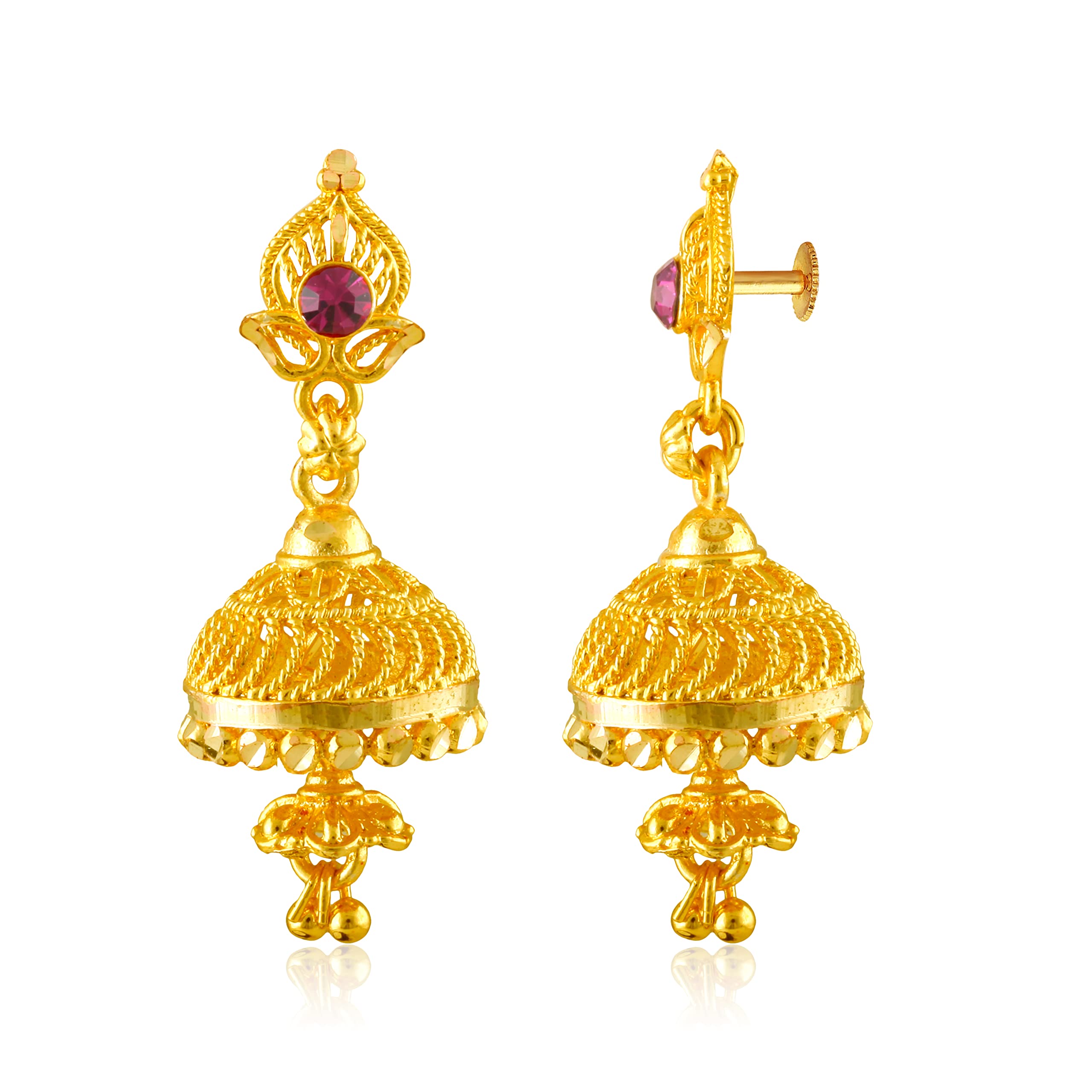 meenaz Traditional Temple One Gram Gold Brass Copper South Indian Screw Back Studs Meenakari Stone Ear Chains Hair Peacock Jhumkas Jhumka Earrings Combo for Women Girls Wedding chain -GOLD JHUMKI-M216-picture-12