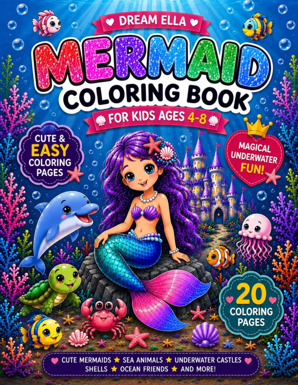 Mermaid Coloring Book for Kids Ages 4–8: Cute and Easy Mermaid Coloring Pages with Sea Animals, Shells and Ocean Friends
