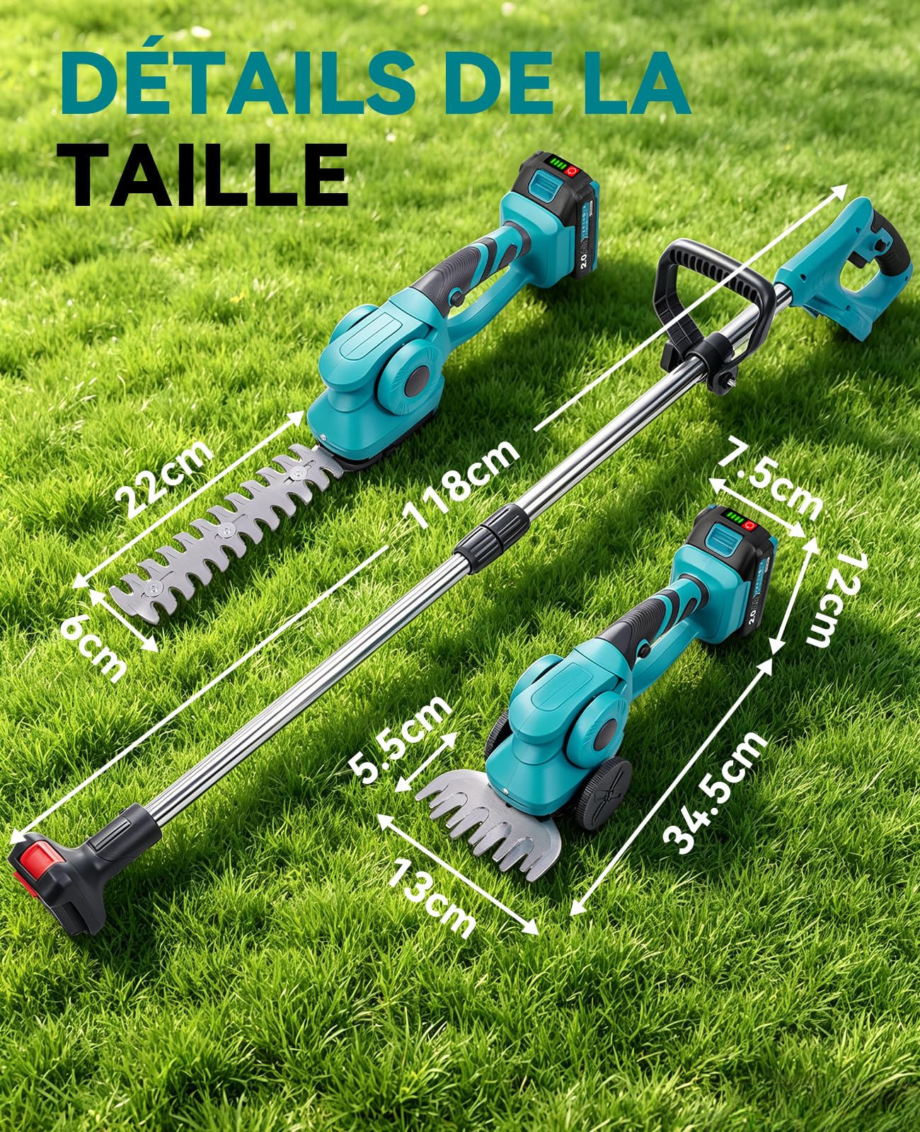 Coupe Bordure sans Fil 3 en 1, Cisaille à Gazon & Taille Haie avec Batterie 2X2000mAh, Perche Télescopique