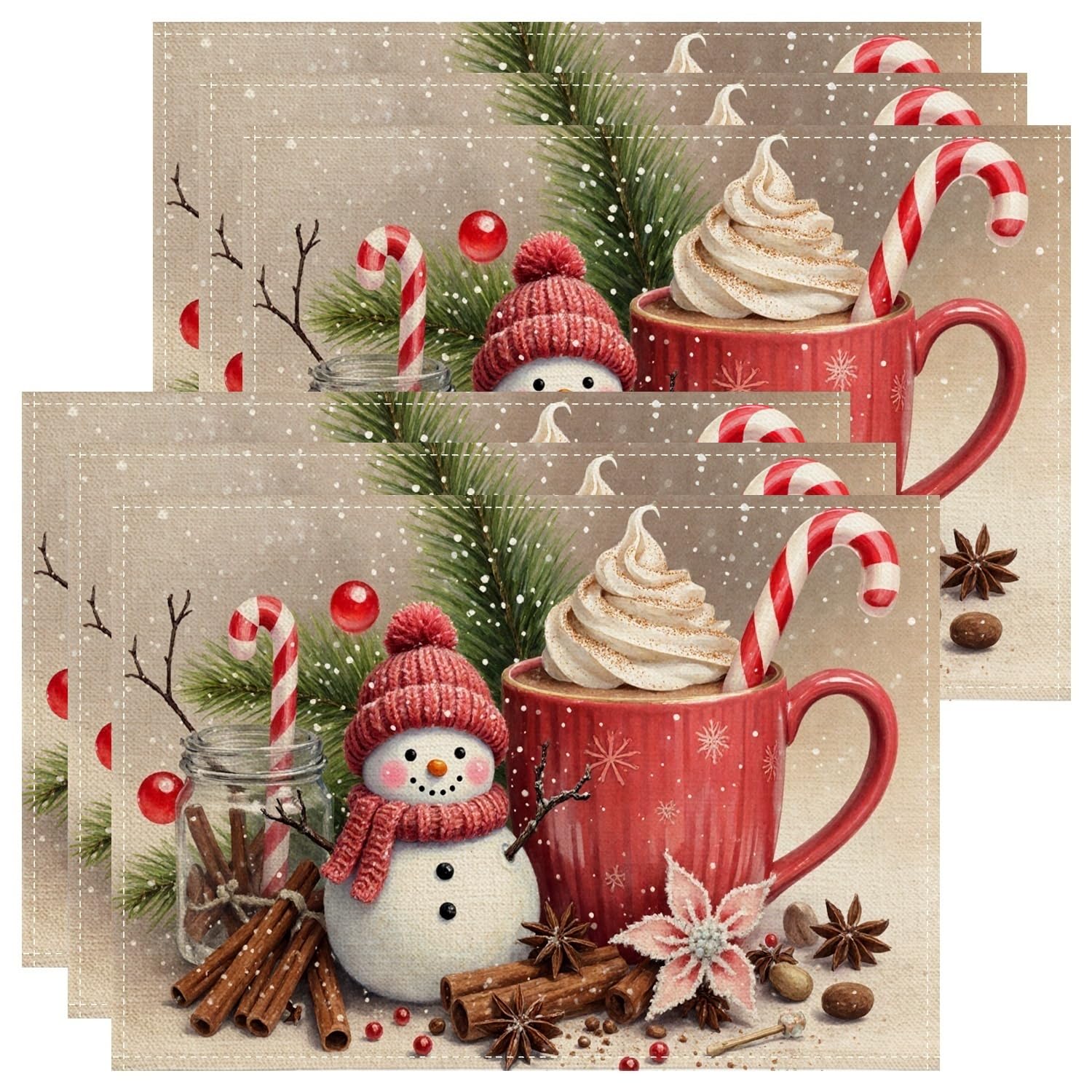 Christmas Snow Man Placemats, Festive Winter Holiday Decorative Place Mats for Dining Table, Non-Slip Washable Indoor Outdoor Kitchen Party Placemat Set of 6