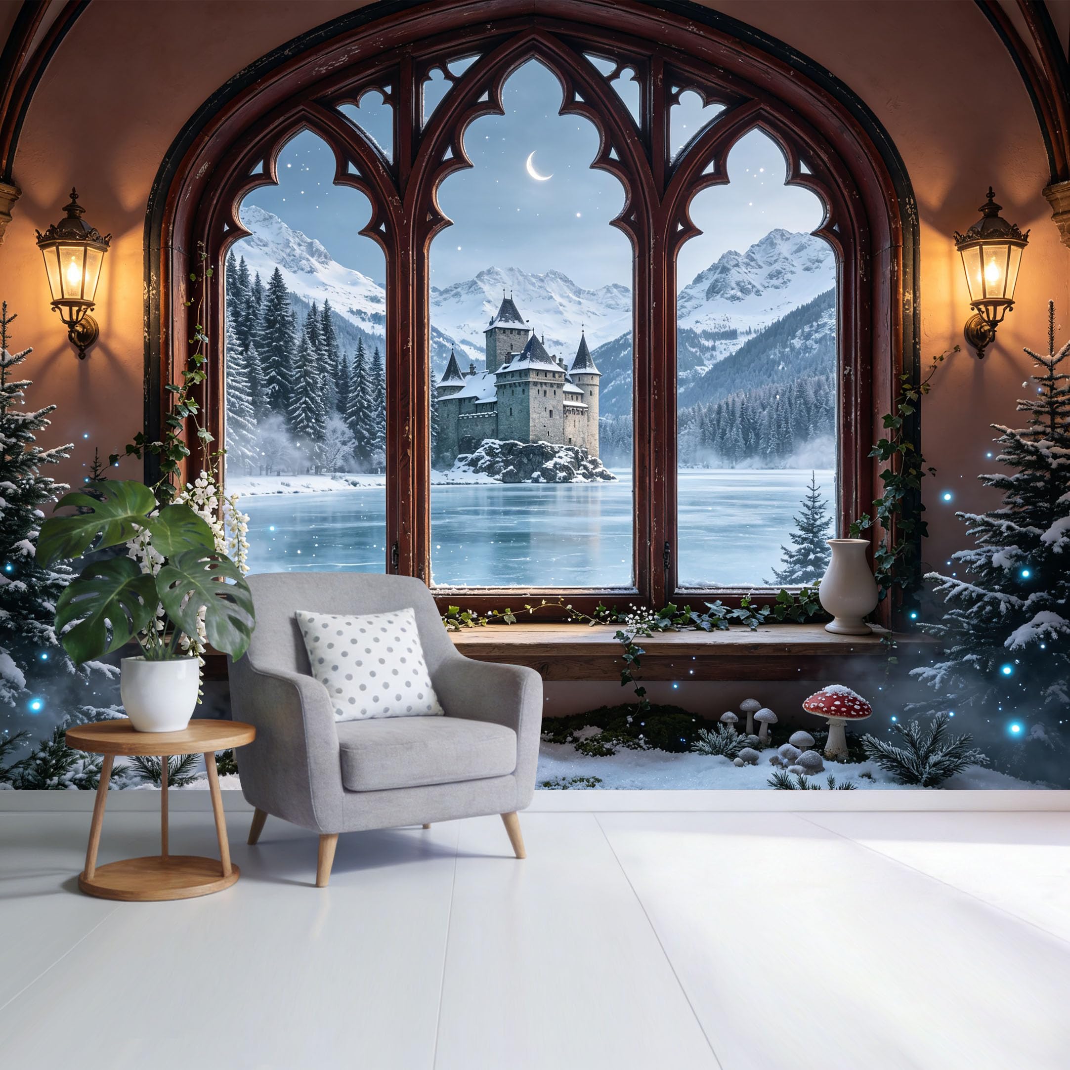 Custom Size Wall Mural Snowy Mountain Castle Lake Landscape 3D Trompe L'Oeil Removable Self Adhesive Fabric，Home Wall Decor for Living Room Bedroom Bathroom