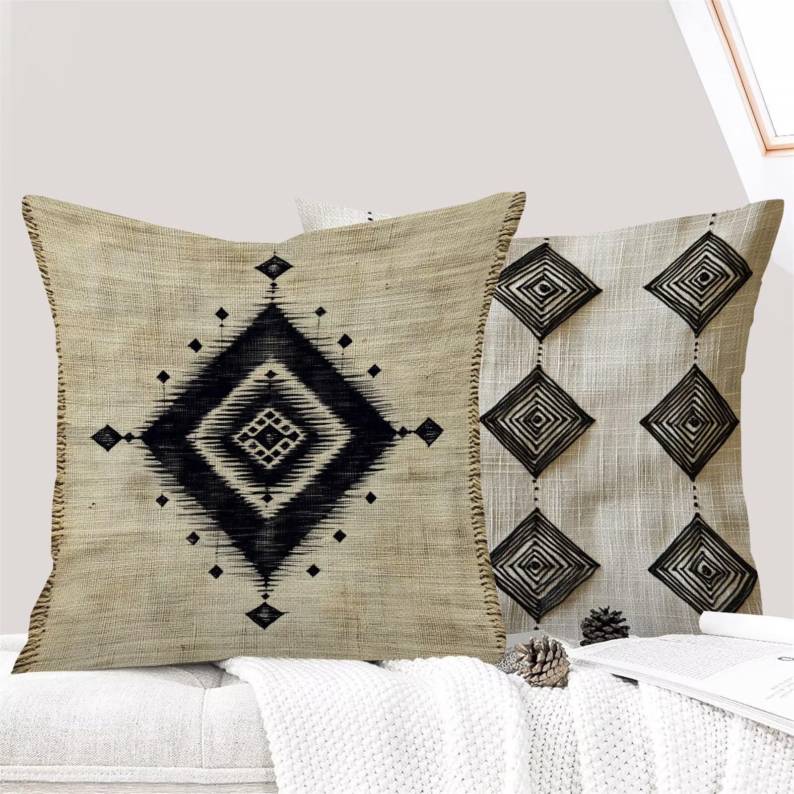 Juego de 4 Fundas Cojines Crema Geometría (4) 75 x 75 cm Fundas Cojines, Decoración Moderna Cojin Exterior, para Sofá salón Coche Cama Sillas Decoración, Cuadrado Terciopelo Sofá Cojín Exterior m-446