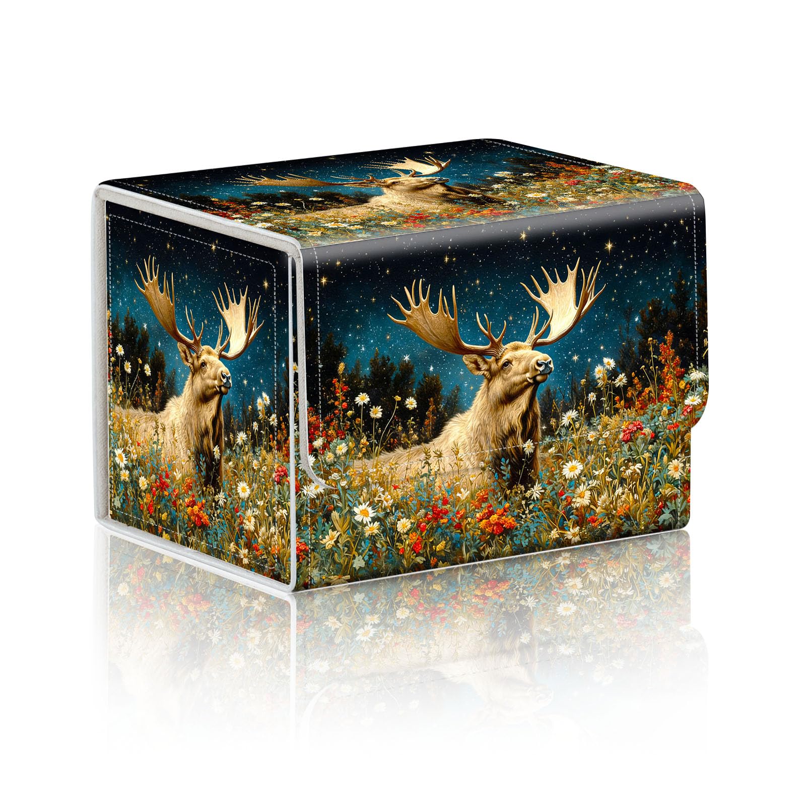 DISUOFEART Trading Card Storage Box, Holds 100+ for MTG Cards, PU Leather with Magnetic Closure, Moose in Starry Night Wildflowers Durable Deck Box for Magic the Gathering, Trading Card Games