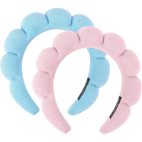 2 Pieces Spa Headbands for Washing Face Puffy Makeup Headband Skincare Headbands Face Wash Terry Cloth HeadBands for Skin Care (Blue+Pink)