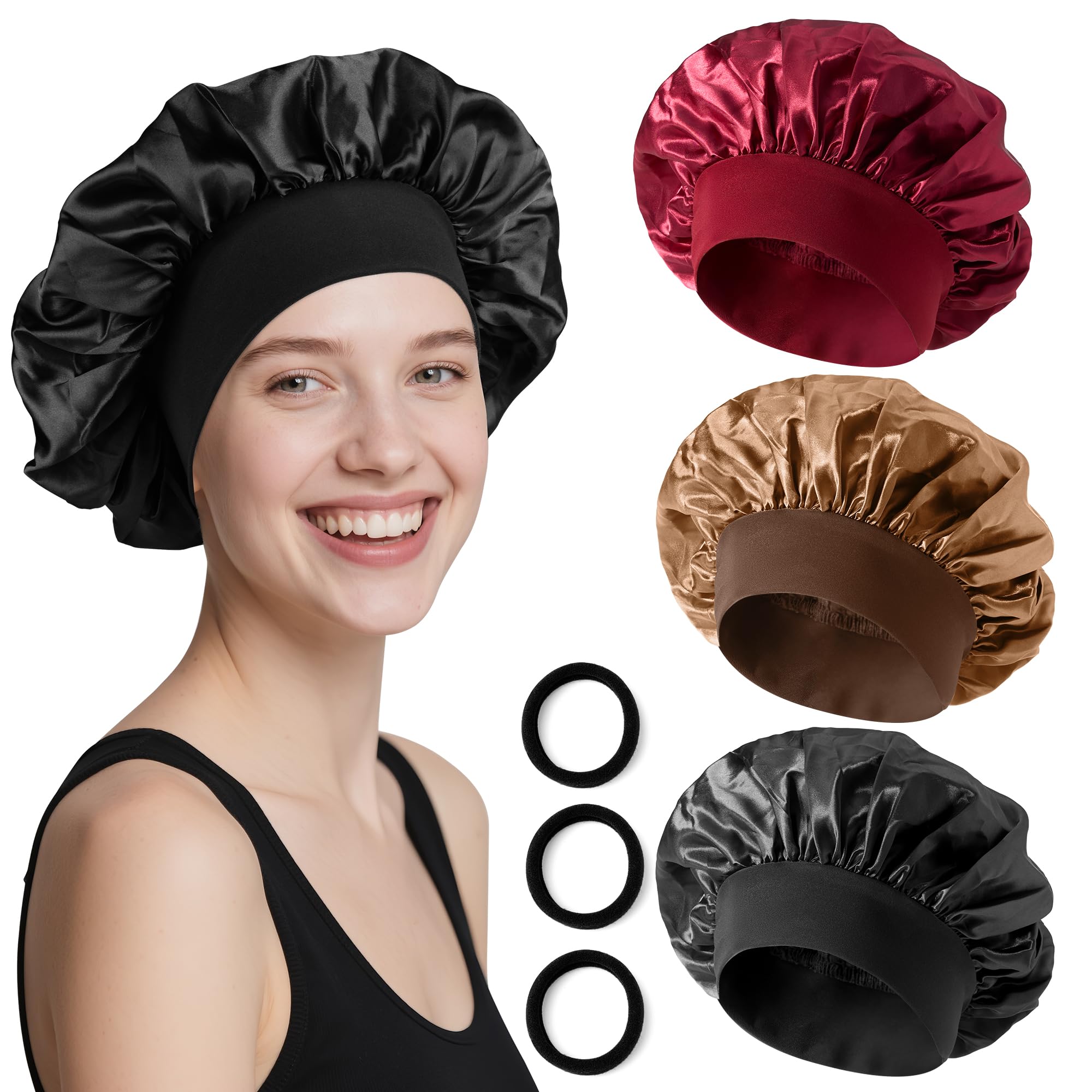 Bonnet Satin Cheveux Nuit Set, 3 Bonnets de Nuit avec 3 Élastiques Noirs, Bonnet en Satin pour Cheveux Longs et Courts