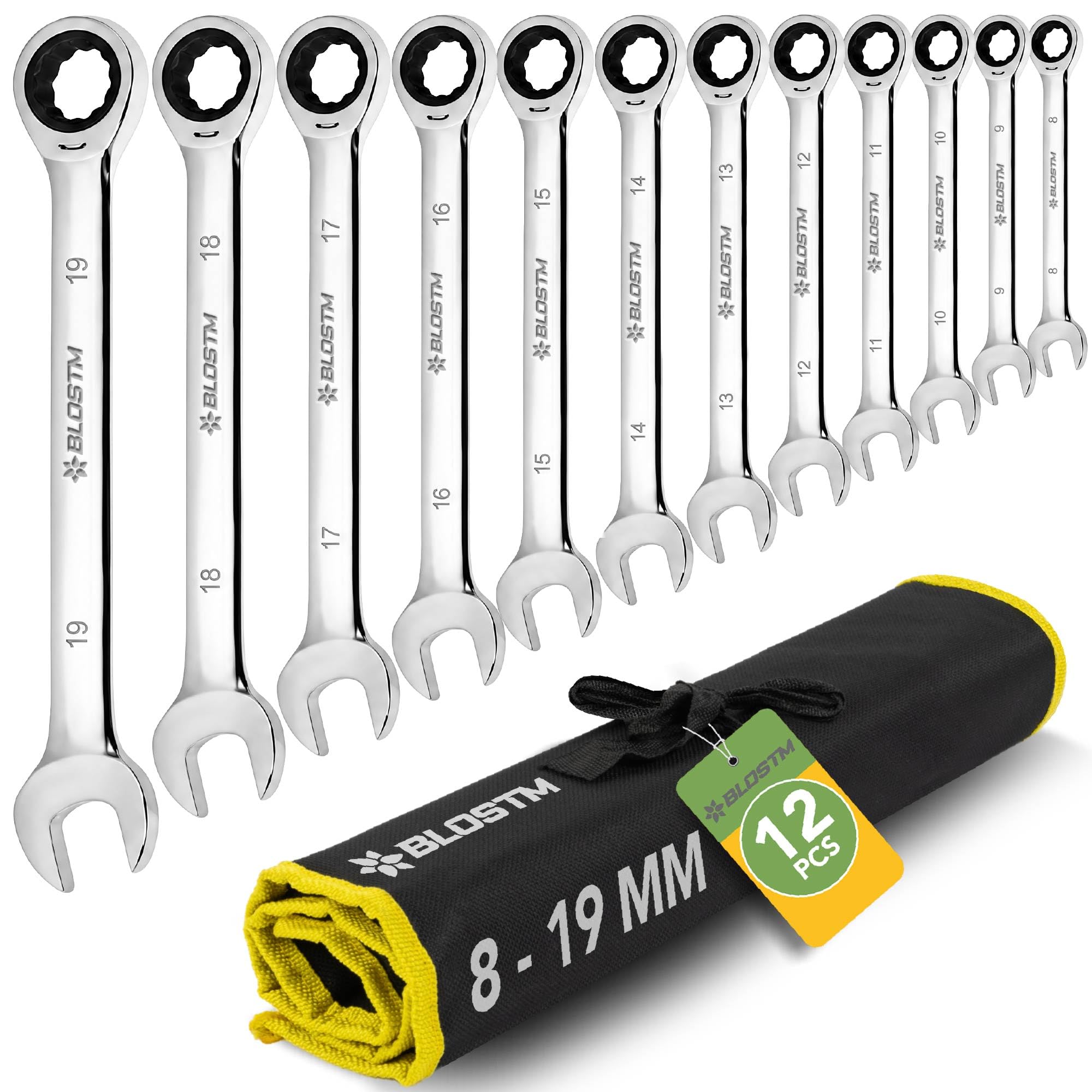 Blostm Ratchet Spanner Set 12 Piece Metric Set 8mm To 19mm Combination Wrench from B&Q