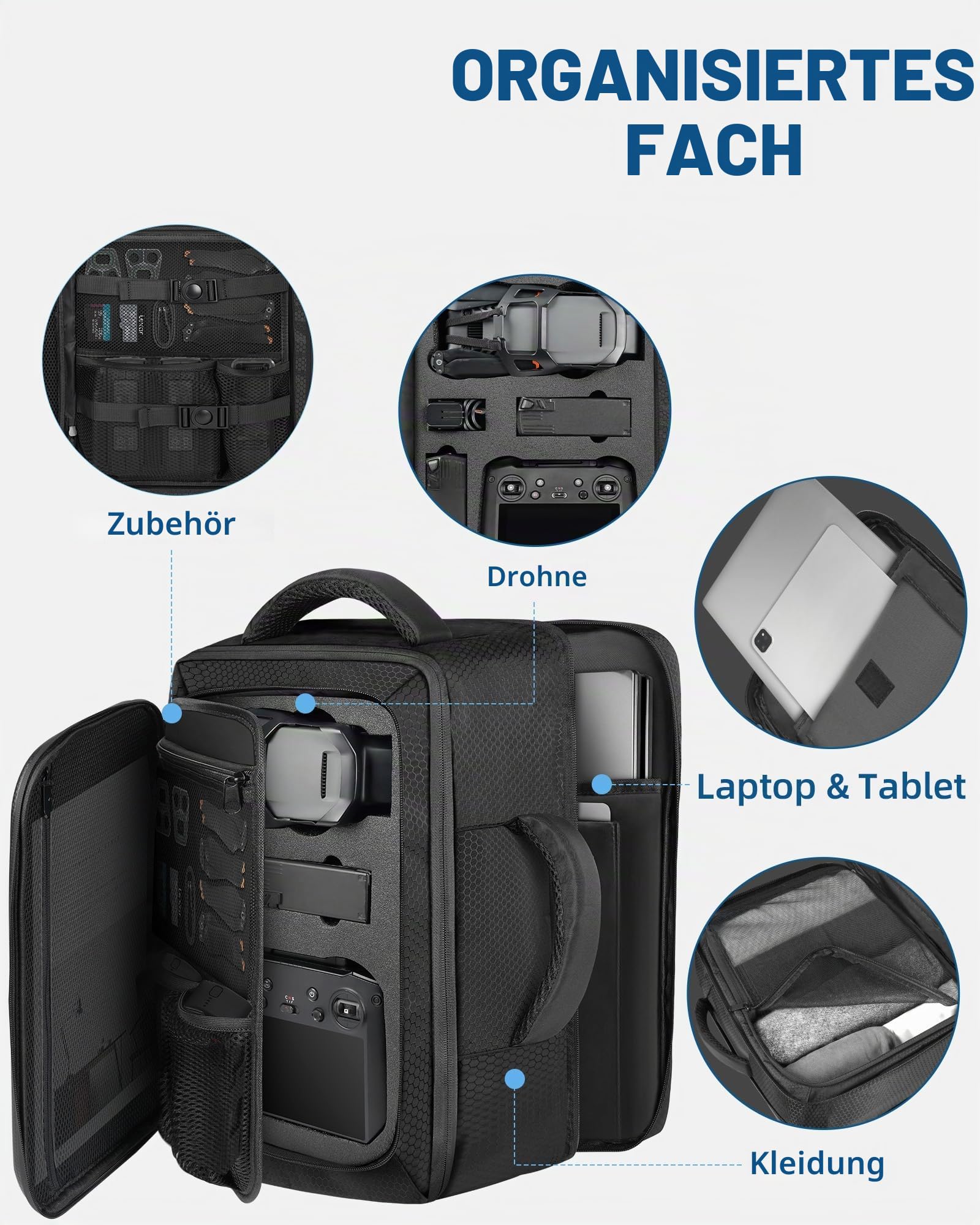 PEKREWS Mavic 3 Pro Tasche, Erweiterbar Handgepäck Rucksack für DJI RC/Pro/N1 Controller, Hartschale Tragetasche Wasserabweisende Reisetasche für 17,3 Zoll Laptop, Fly More Combo und Drohne Zubehör