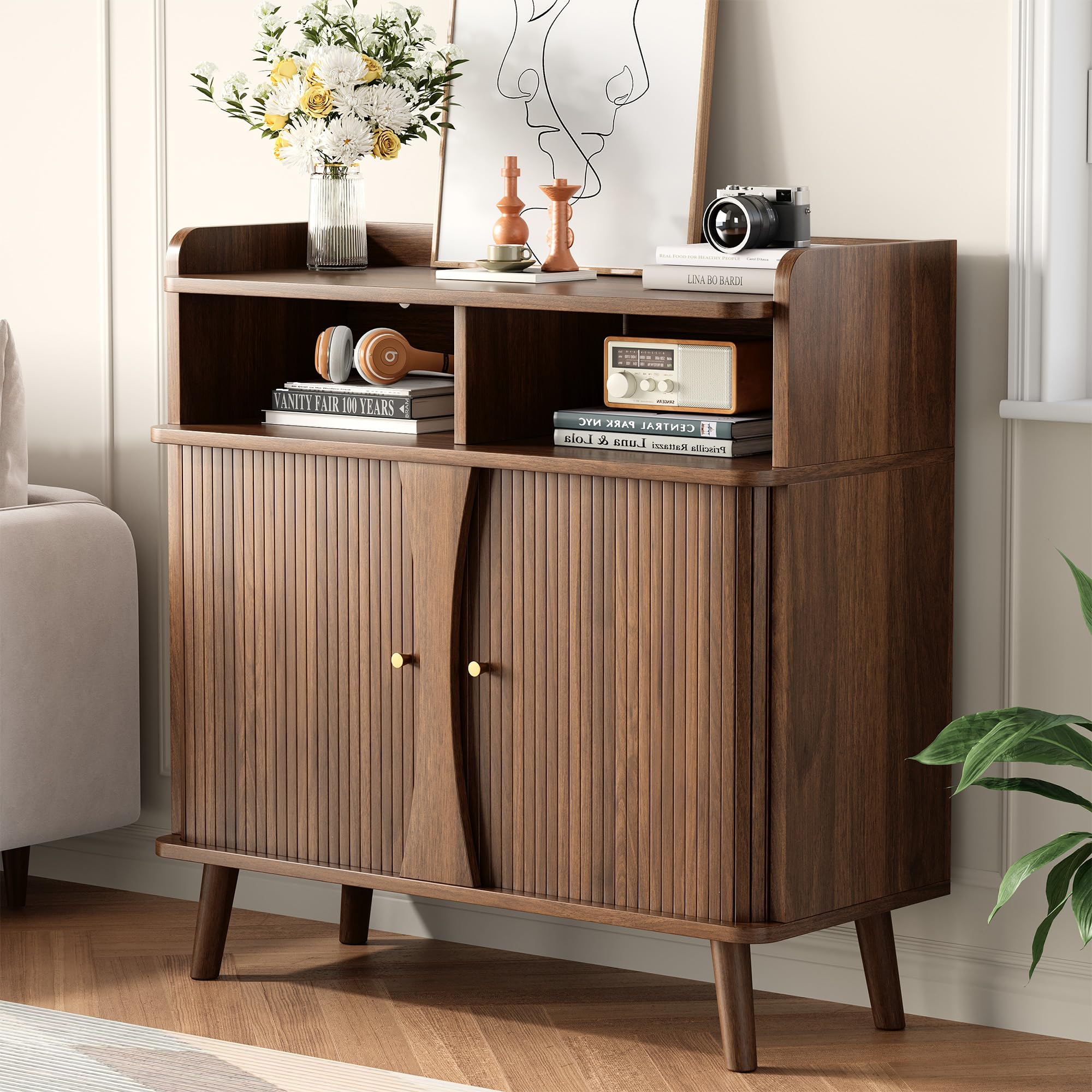 Decofy 39" Buffet Sideboard Cabinet, Mid Century Modern Console Cabinet with Roller Shutter Sliding Doors & Adjustable Shelves for Kitchen Cabinets,