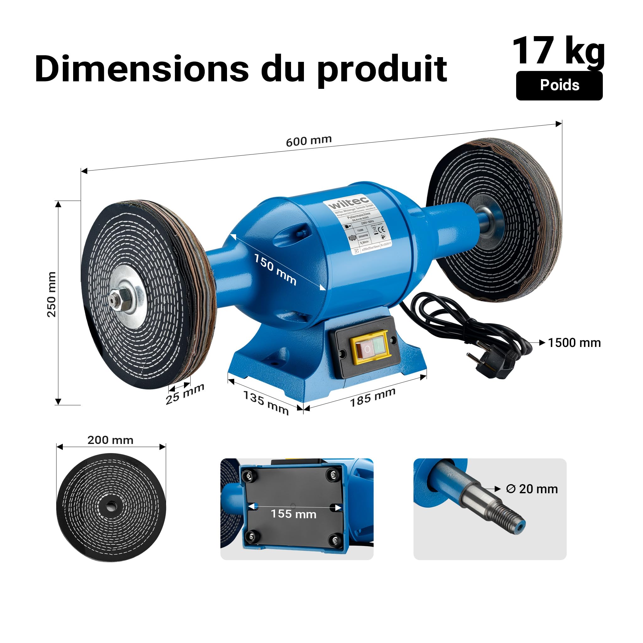 Machine à polir 750W avec deux disques de polissage Ø200mm Polisseuse double Boîtier robuste Base