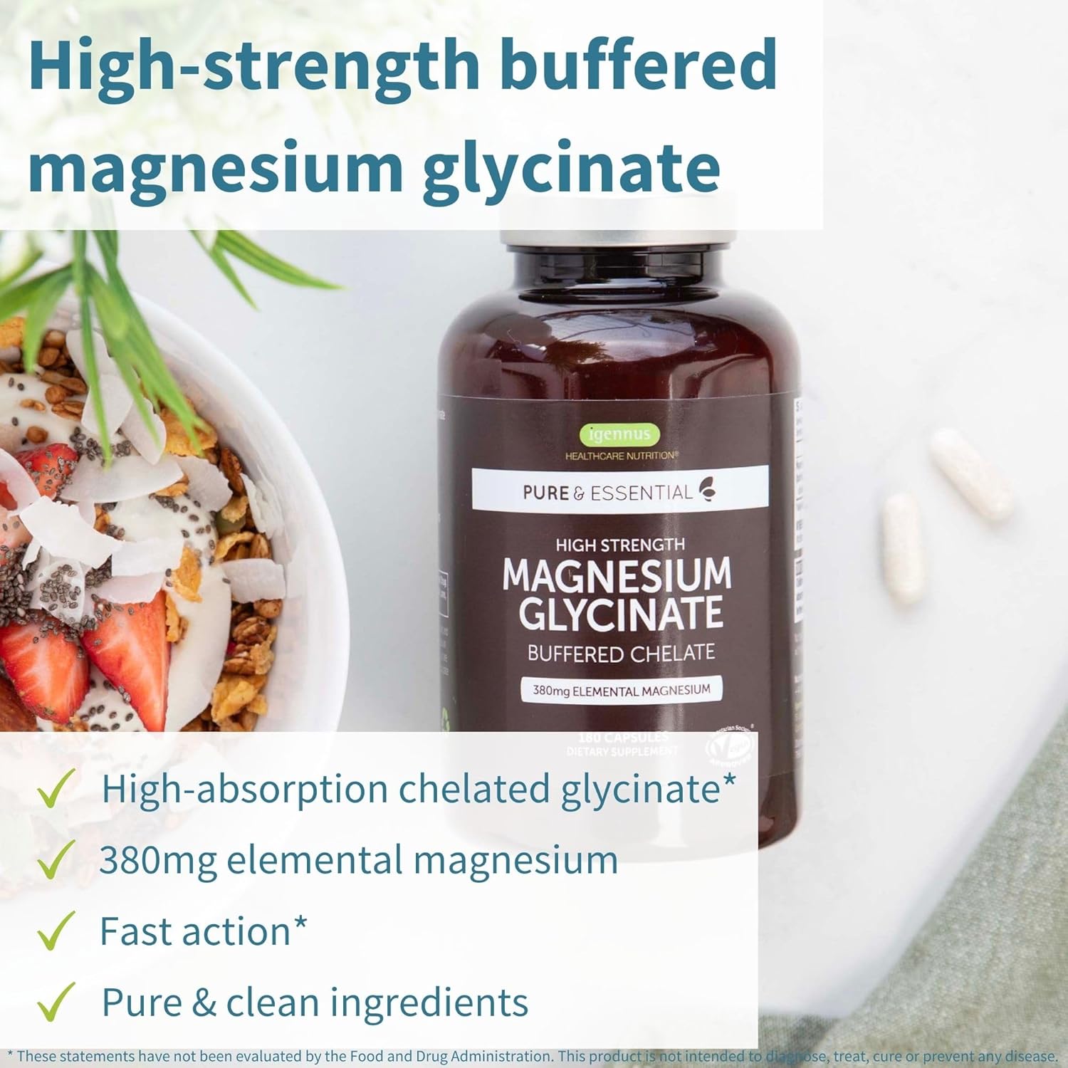 Igennus Highest Strength Chelated Magnesium Glycinate 1300mg, 380mg Elemental, 90 Servings, Pure & Clean Buffered Magnesium Bisglycinate, Vegan, 180 Capsules - Image 2