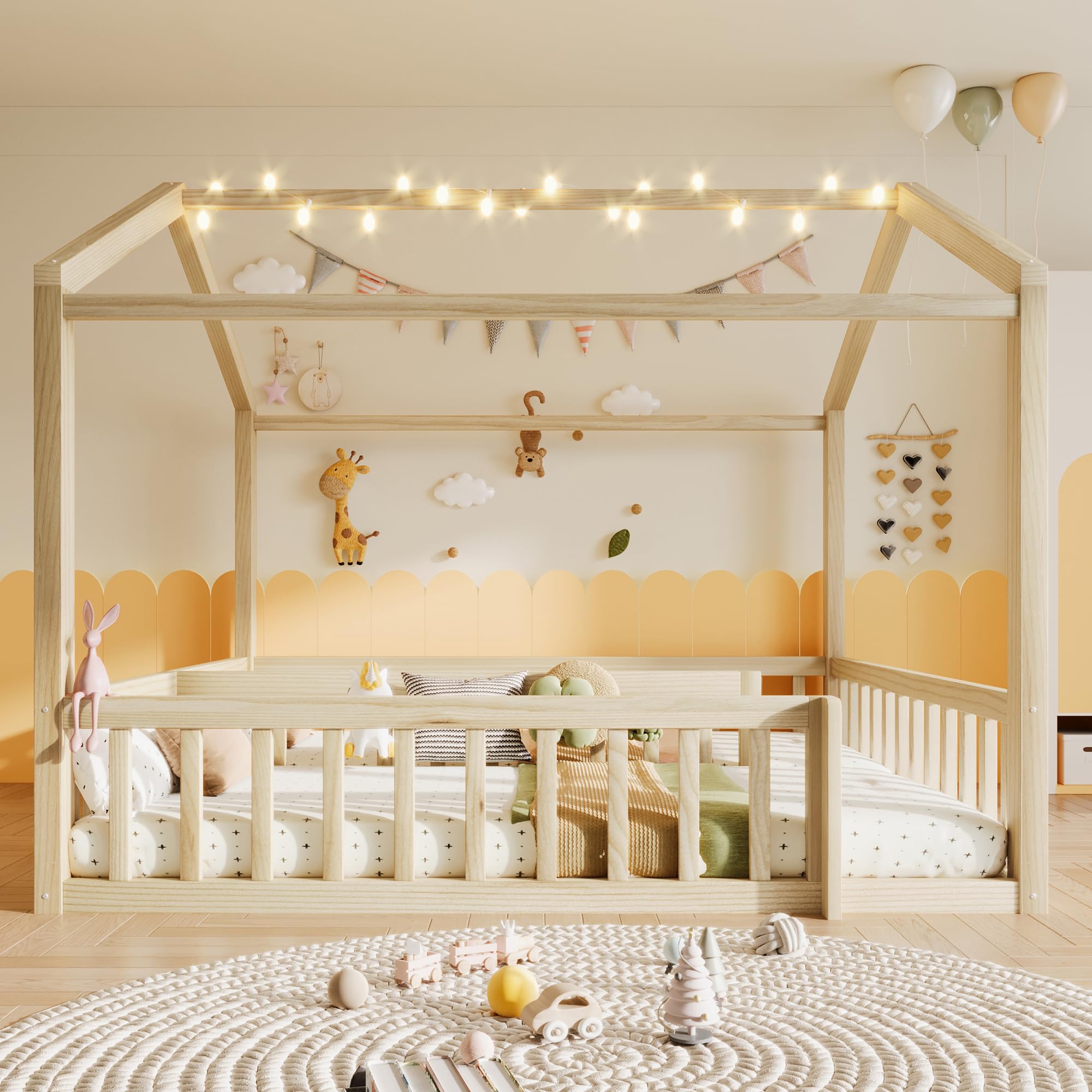 Soweiz Letto piano con rete a doghe, 90 x 190 cm x 2/180 x 190 cm, lettino con griglia, listello in legno di pino, senza materasso, perline LED (naturale)
