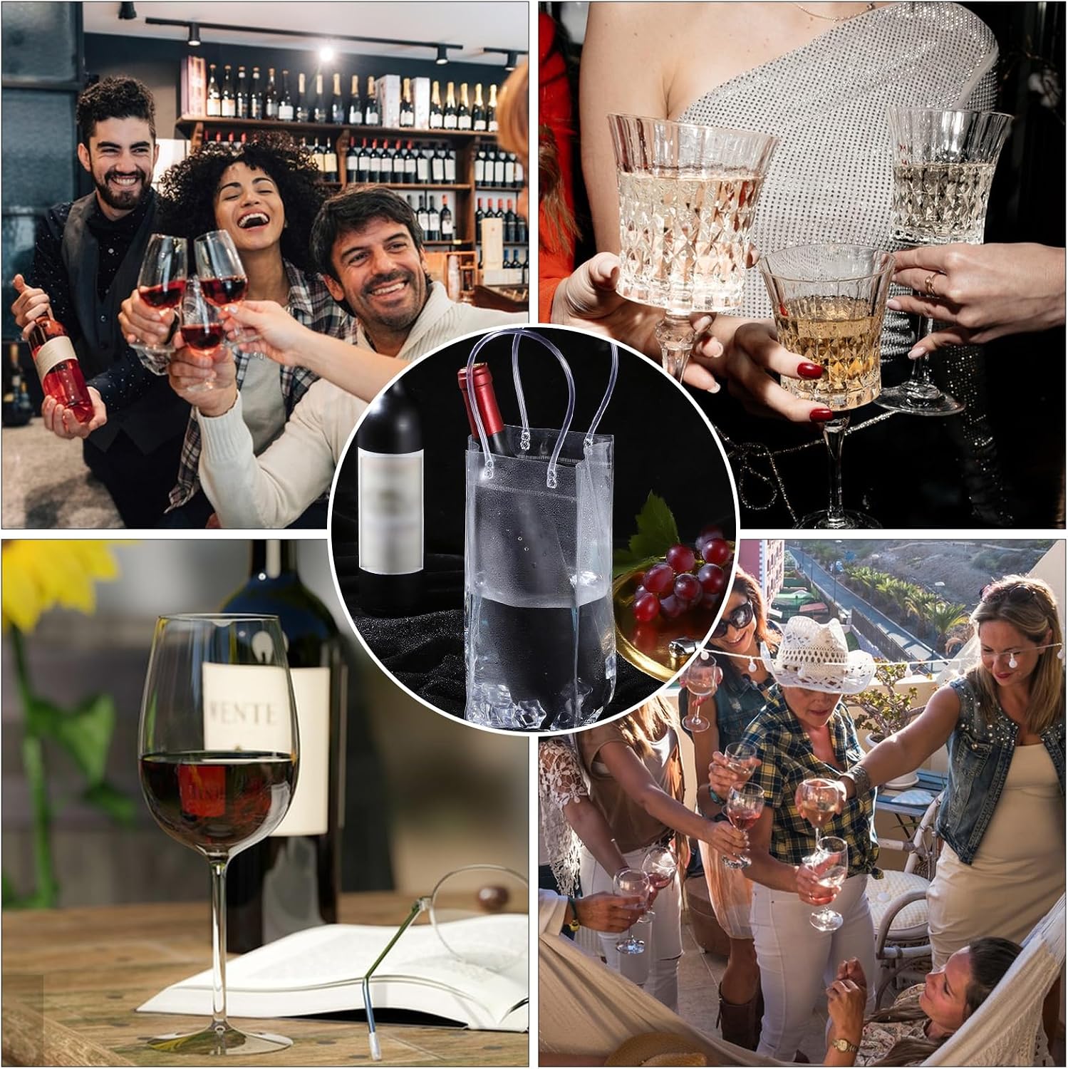 2 PCS Wine Cooler Bag, Clear Pvc Ice Wine Bag with Handle, Portable Foldable Wine Cooler Sleeve Bottle Bags for Party, Outdoor, Champagne, Cold Beer, White Wine Beverage