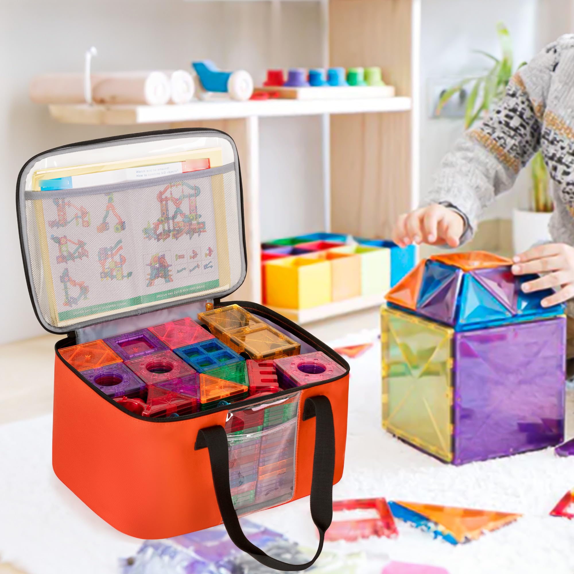 Rexmica Paquete de 4 bolsas de almacenamiento de juguetes para azulejos magnéticos de construcción, bolsa organizadora de almacenamiento de juguetes multifunción, bloques magnéticos, bolsa de viaje
