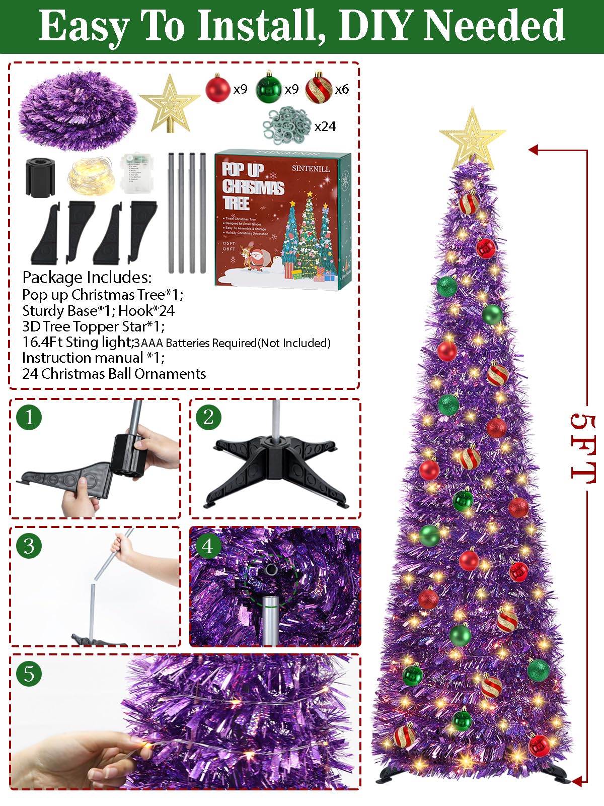 Albero Di Natale Pop-Up 1,5m Con Luci LED 5m - Viola Con Paillettes Scintillanti - 4