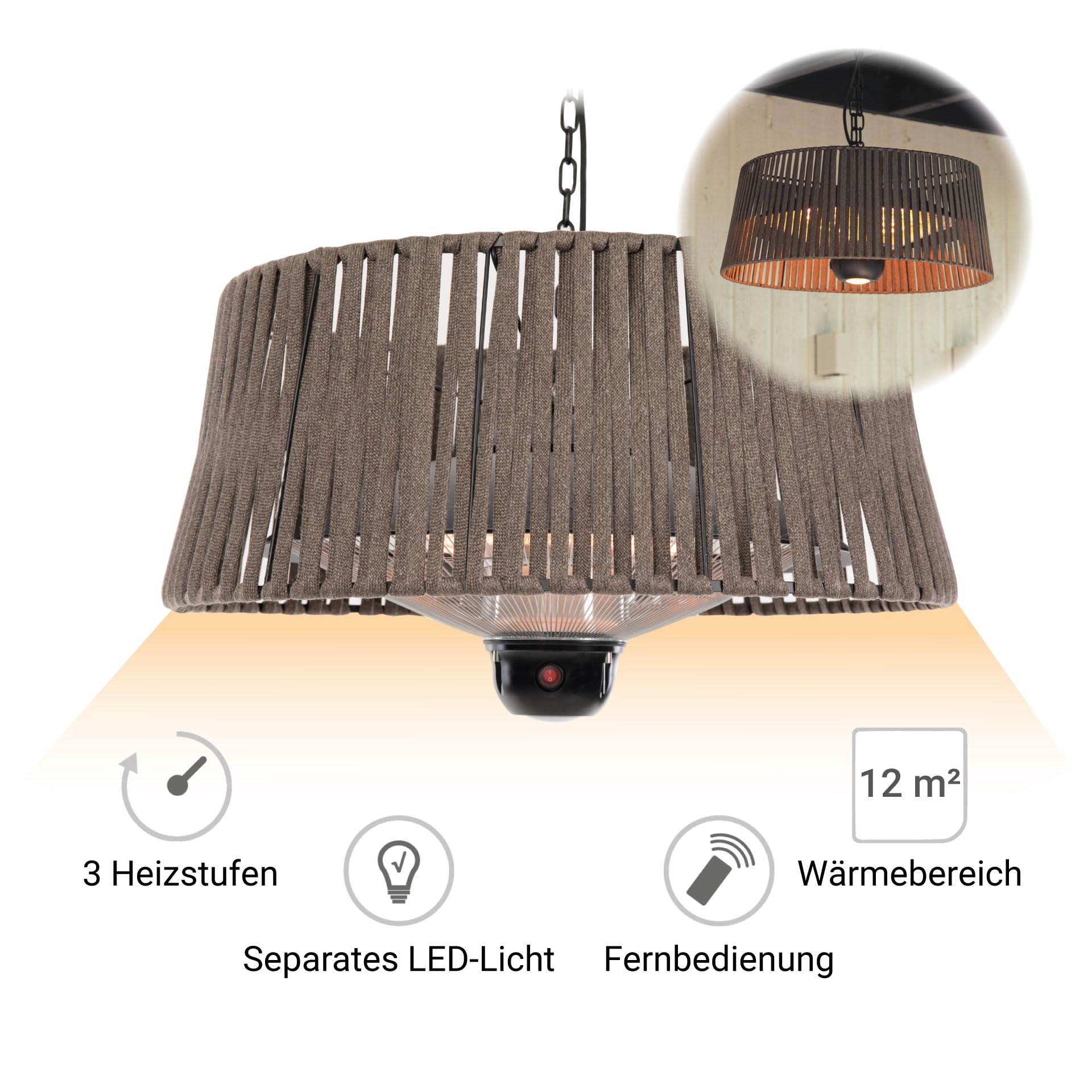 SUNRED Infrarot-Hängeheizstrahler Terasse braun mit OLEFIN-Schirm und LED-Lampe Deckenmontage 1800 W - Terrassenheizer außen 3 Heizstufen, Fernbedienung Deckenmontage widerstandsfähiges Olefin-Gewebe