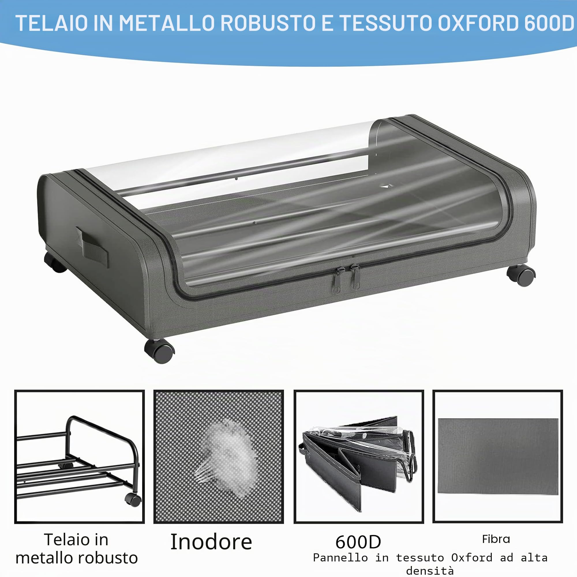 2 Pezzi Contenitori Sottoletto con Ruote Scatole per Armadio Salvaspazio Organizer Contenitore Vestiti Telaio in Metallo Scatola Sotto Il Letto con Coperchio per Vestiti Trapunte Giocattoli,Grigio
