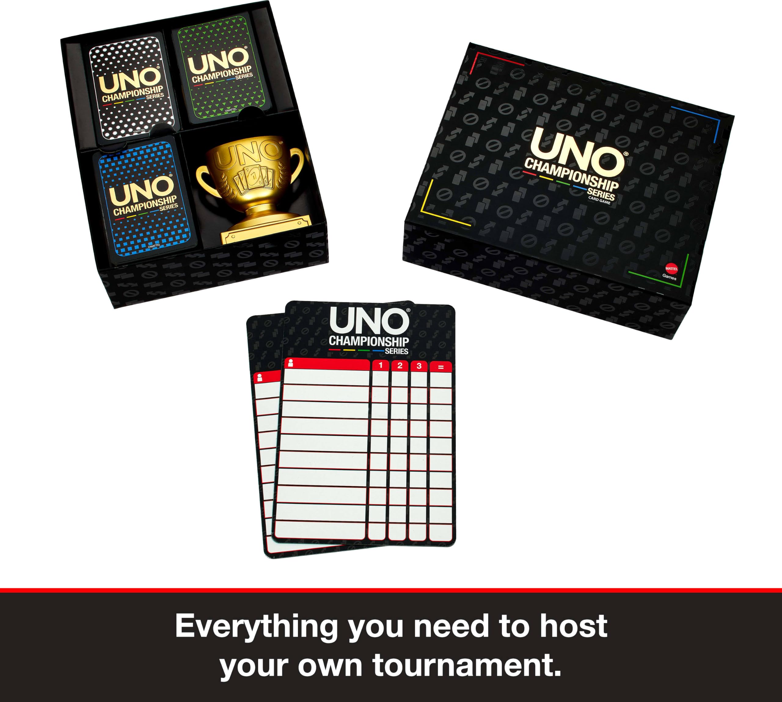 Mattel Games UNO Série Championnat Coffret Tournoi Étendu, 7 ans et plus | Tableaux, marqueurs et trophée pour groupes de 6 à 30, fêtes, réunions, soirées jeux, JNL27