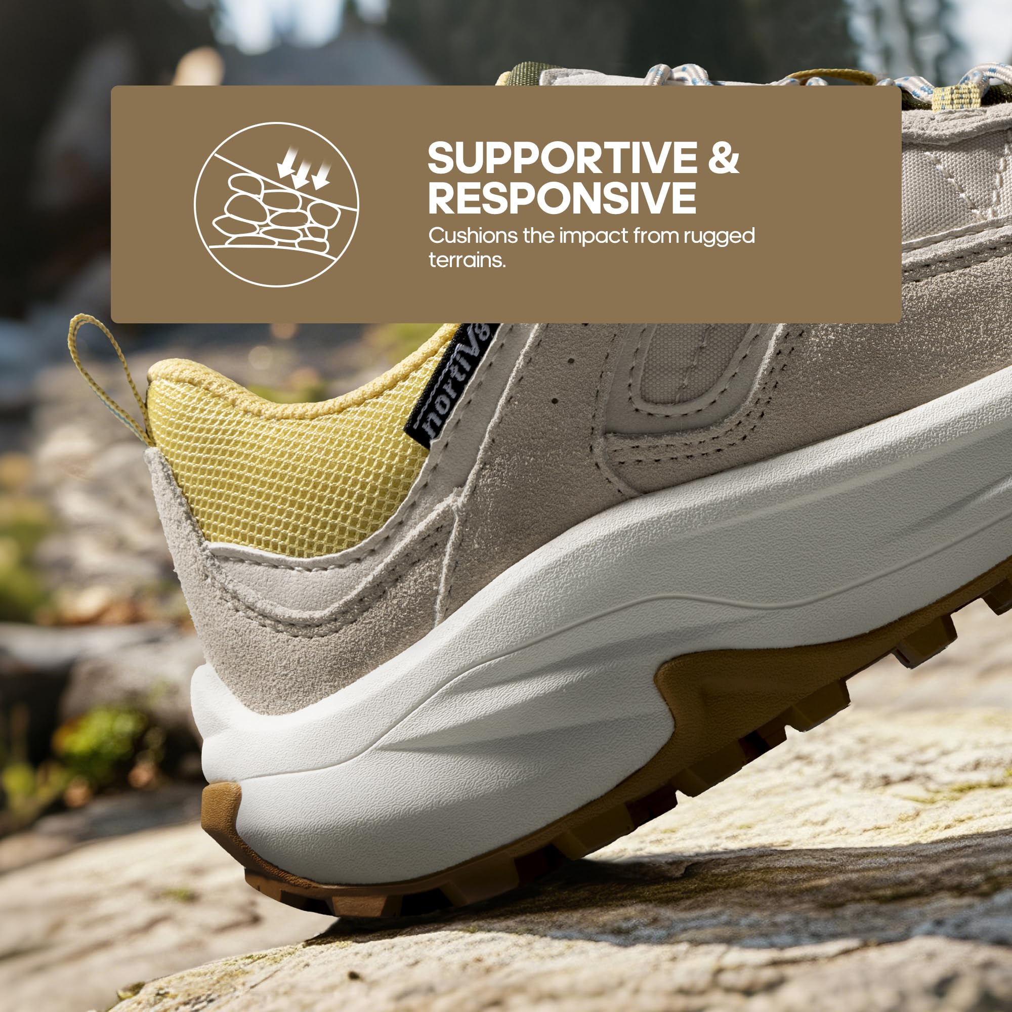 NORTIV 8 Damskie wodoodporne buty turystyczne z podparciem łuku na zewnątrz, skórzane, do chodzenia, trekkingu, na kemping, tenis, trening, trampki Wicklow, Brązowy/biały, 5.5