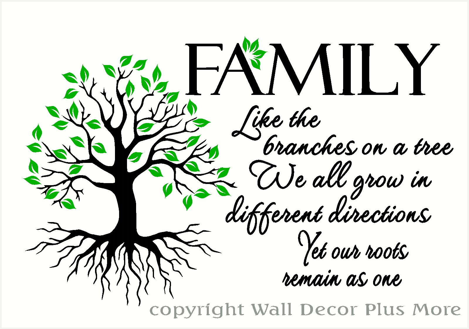 Wall Decor Plus More WDPM3597 Family Like Branches Roots Remain As One Home Decor Lettering with Tree and Leaves Art Quote Wall Decals, 23 x 14", Black/Lime Green