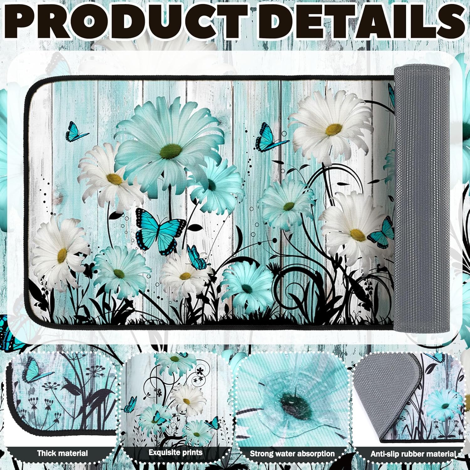 Drydiet 3 Pcs Spring Teal Daisy Kitchen Rugs and Mats Set Farmhouse Rustic Non Slip Rug Waterproof Floor Mat Teal Butterfly Floral Decor for Kitchen Bar Office Home Bathroom Door Party Decor