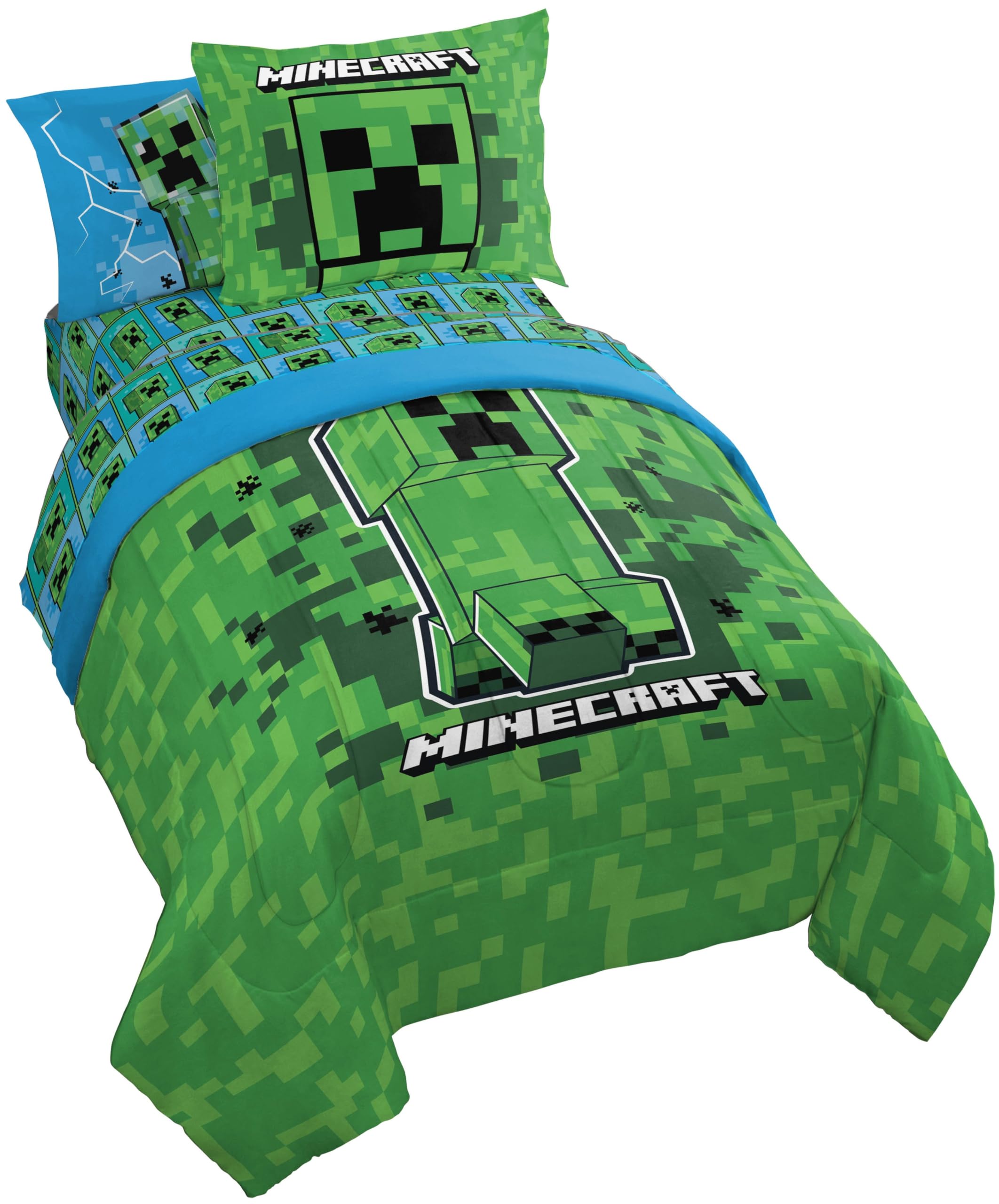Jay Franco Kids Comforter Set Includes Sheets and Pillow Covers - Soft and Cozy Bed Set for Stylish Room Decor, Green - Minecraft Creeper, 7 Piece Full Size Bedding