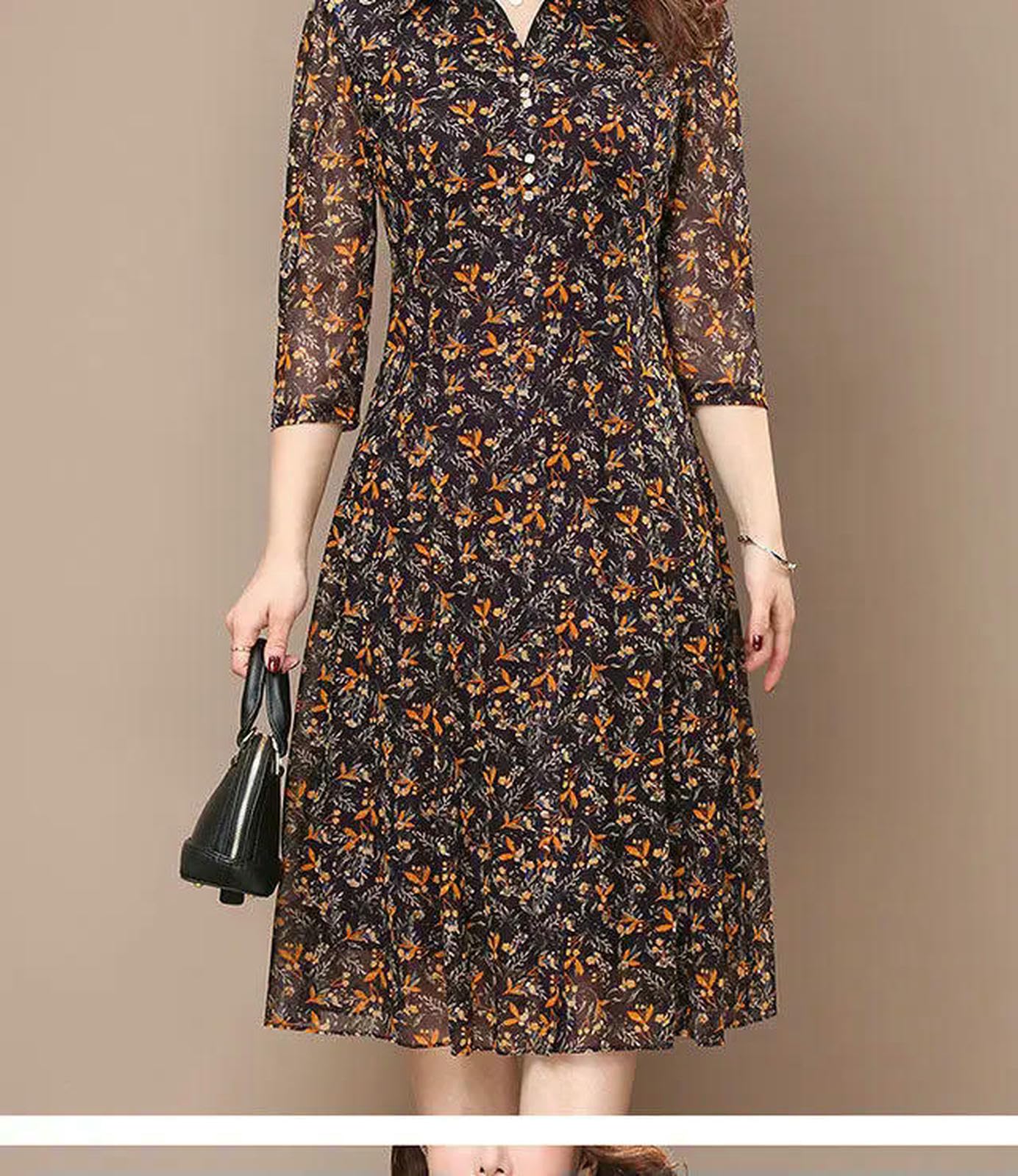 Vestiti a Maniche Lunghe Abito Floreale da Donna, Elegante Midi Collare Chiusura, Abbottonato Slim Casual Estivo, Abita di Tutti I Giorni, Moda Femminile-Manica Corta-l