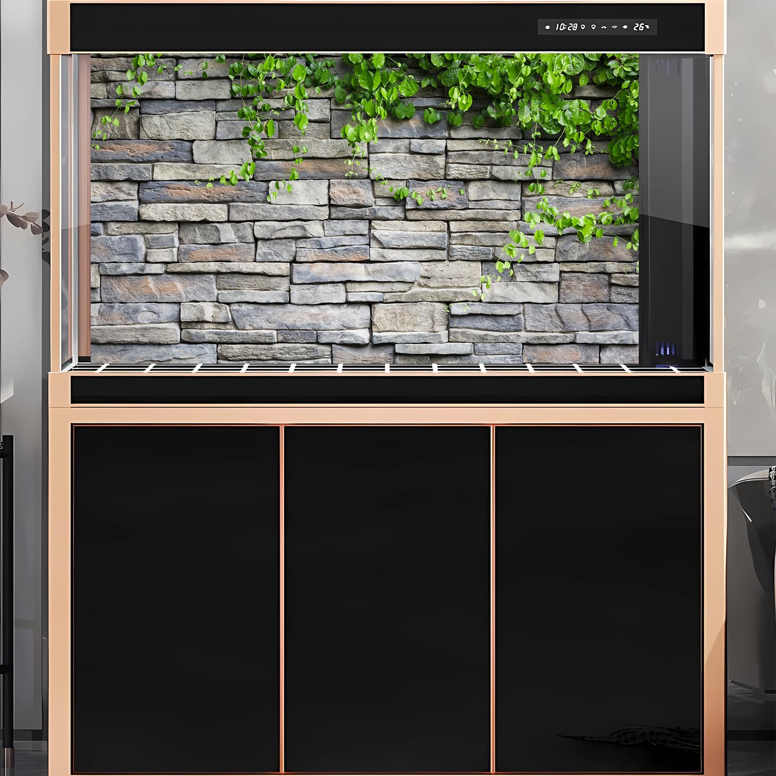 OHIOCATII 2 Pack Aquarium Background Stone Brick Wall with Green Climbing Plants Reptile Tank Background Natural Rocky Glass Terrarium Background Tank Background Fish Tank Backdrop Decor 72x24in