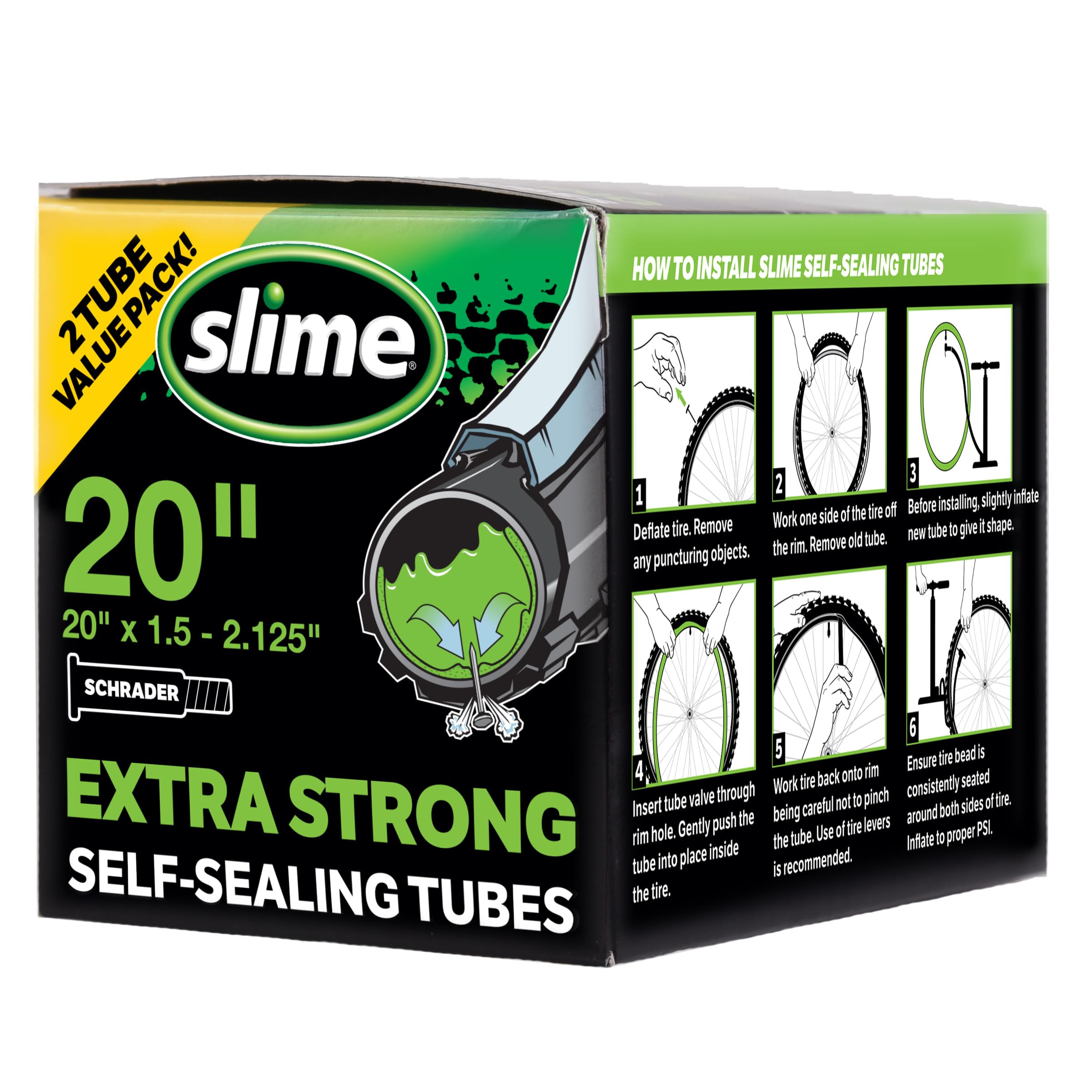 Slime 30075 Bike Inner Tube Puncture Sealant, Extra Strong, Self Sealing, Prevent and Repair, Schrader Valve, 20" x1.50-2.125", Value 2-Pack