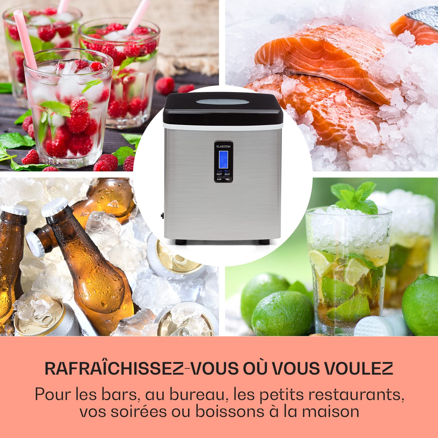 Klarstein Mr. Black-Frost - Machine à glaçons 3,3 L, 15 kg/24 h, Ice Maker 150W, 3 tailles, 6-15 mn, Machine à distributeur de glaçons avec Minuterie, Heure, Ecran LCD, Discret, Inox, Noir