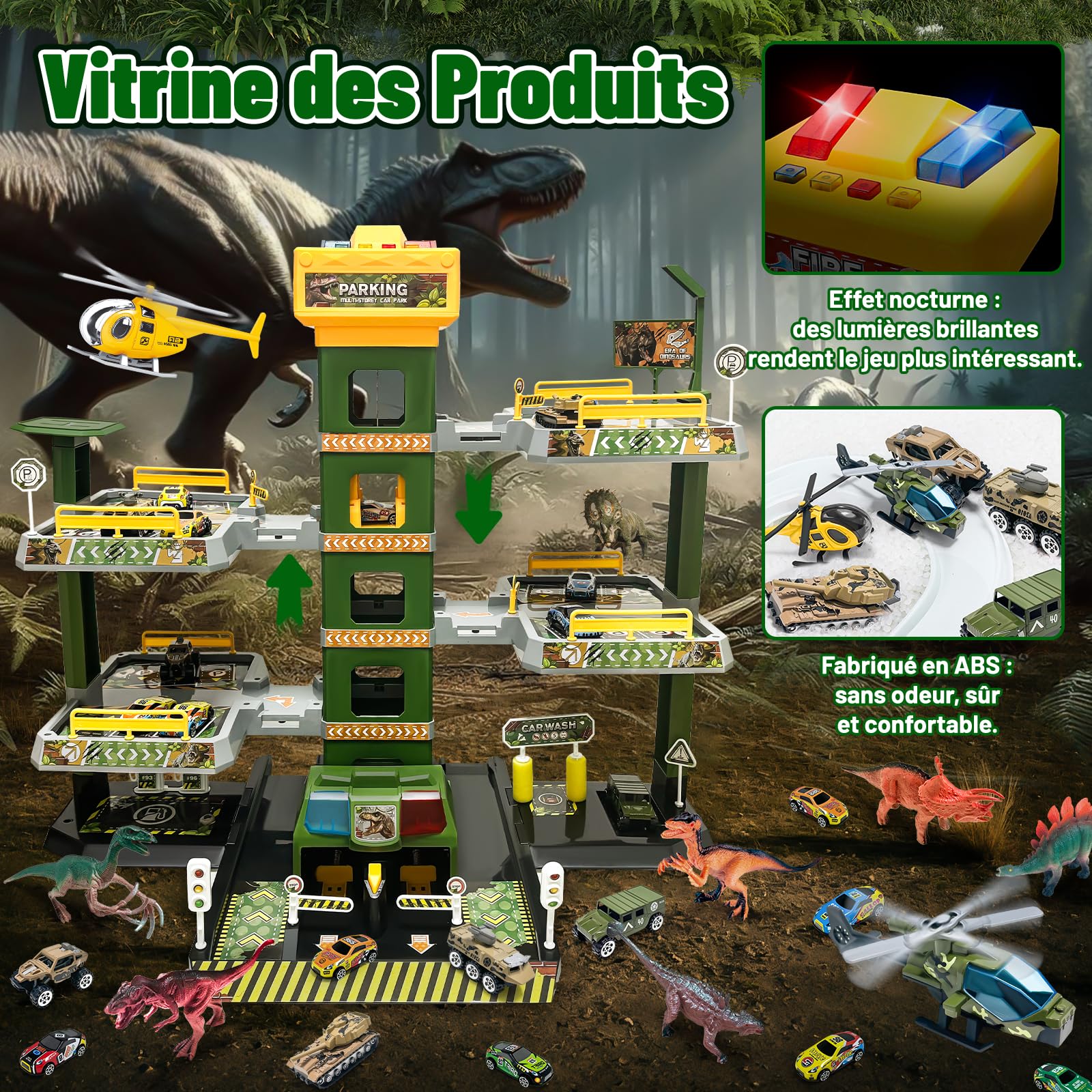 BuzzoXerex 5 Etages Garage pour Enfants, Piste de Course avec 14 Voitures et 2 Hélicoptère, Jouet Garage Voiture avec Ascenseur Electrique Circuit, Cadeaux pour Enfants 5 6 7 8 9 Ans (Dinosaure)
