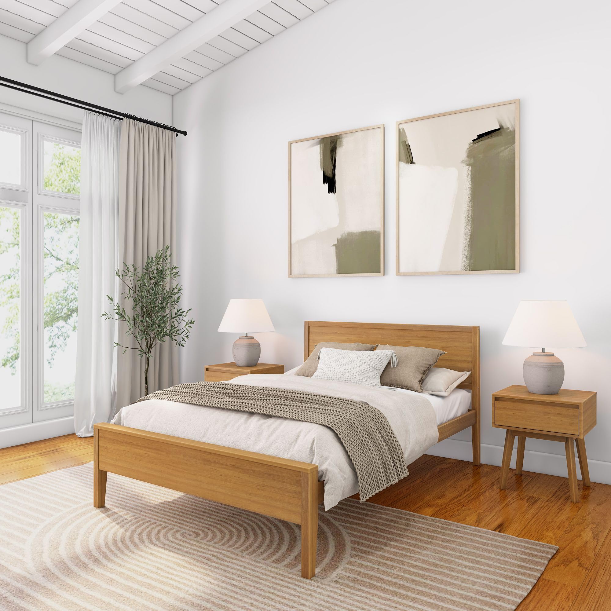 Plank+Beam Solid Wood Full Bed Frame with Panel Headboard, Modern Full Platform Bed with Wood Slat Support, No Box Spring Needed, Pecan