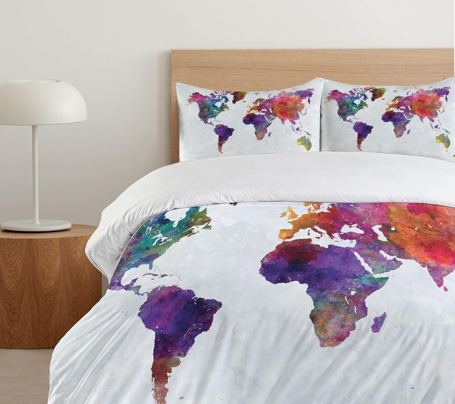Ambesonne Watercolor Duvet Cover Set, Multicolored Hand Drawn World Map Asia Europe Africa America Geography Print, Decorative 3 Piece Bedding Set with 2 Pillow Shams, Queen Size, Gray Purple Queen Gray Purple