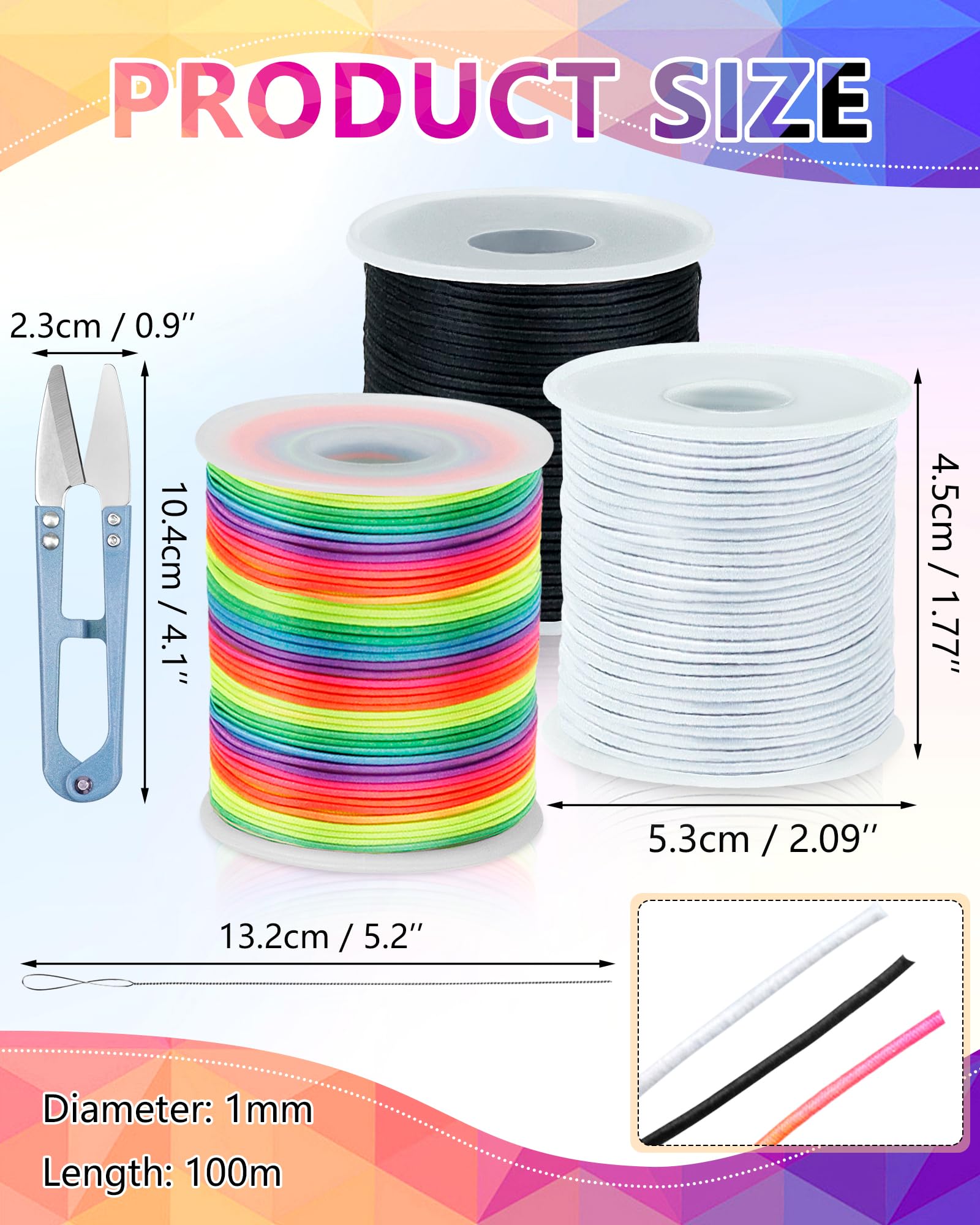 Cuerda elástica colorida en blanco y negro, 1 mm, 3 rollos de cordón elástico para pulseras, collares, fabricación de joyas y manualidades (negro + blanco + arcoíris)