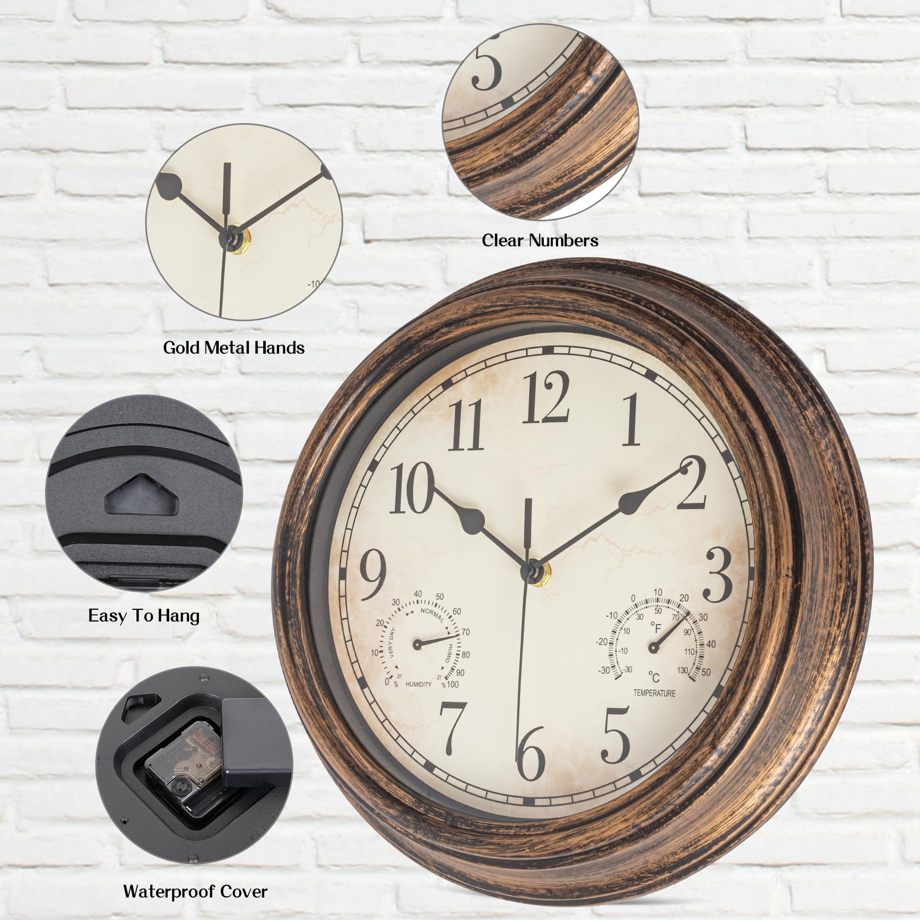 Horloge murale de jardin - Étanche - Vintage - Avec thermomètre et humidité - 30 cm - Sans tic-tac - Résistante aux intempéries - Pour terrasse, piscine, porche, jardin, salle de bain